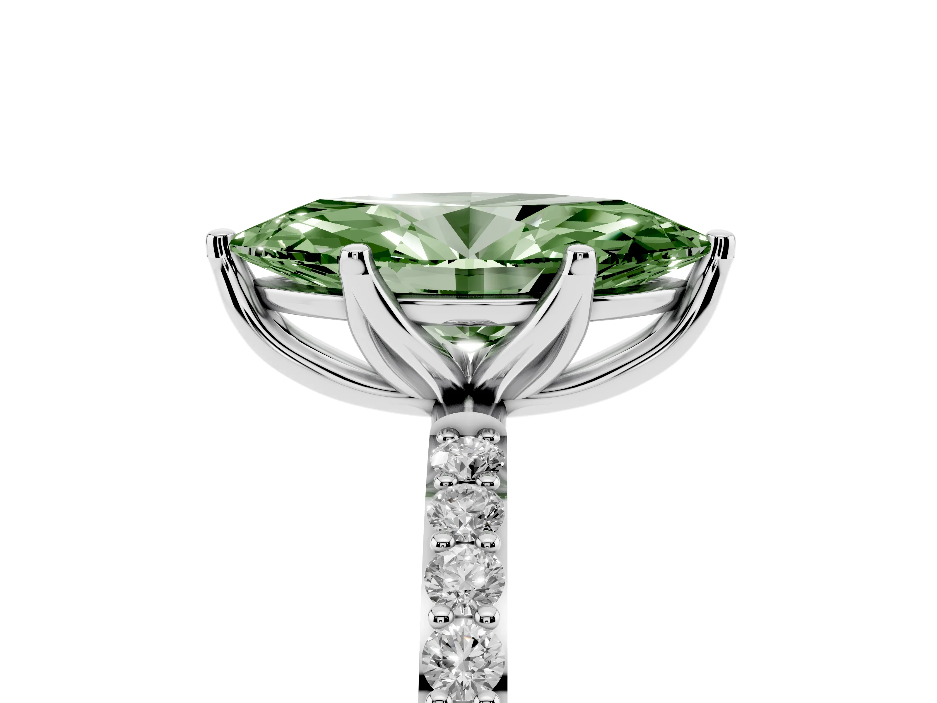 Fancy Green Marquise Cut Diamond Solitaire Engagement Ring Set in Silver with Round Pavé Band and Prong Setting