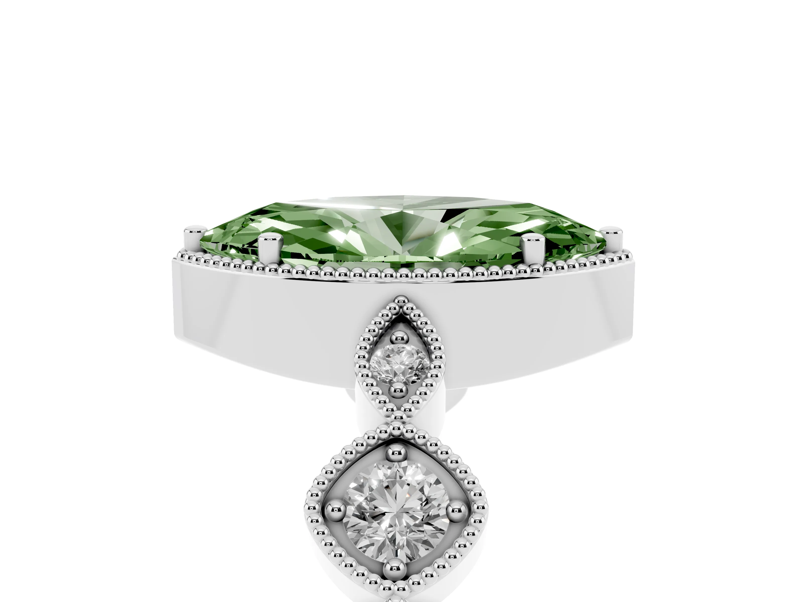 Fancy Green Marquise Cut Diamond Vintage-Inspired Milgrain Ring Set in Silver with Marquise Stations of Round Accents