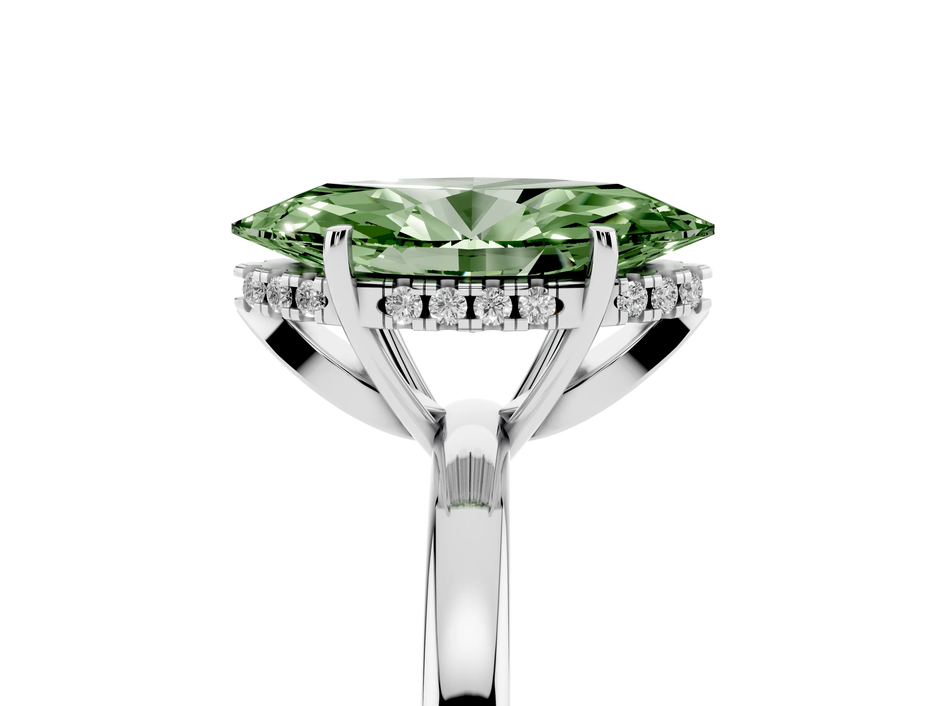 Fancy Green Marquise Cut Diamond Solitaire Ring Set in White gold with Plain Band and Prong Setting