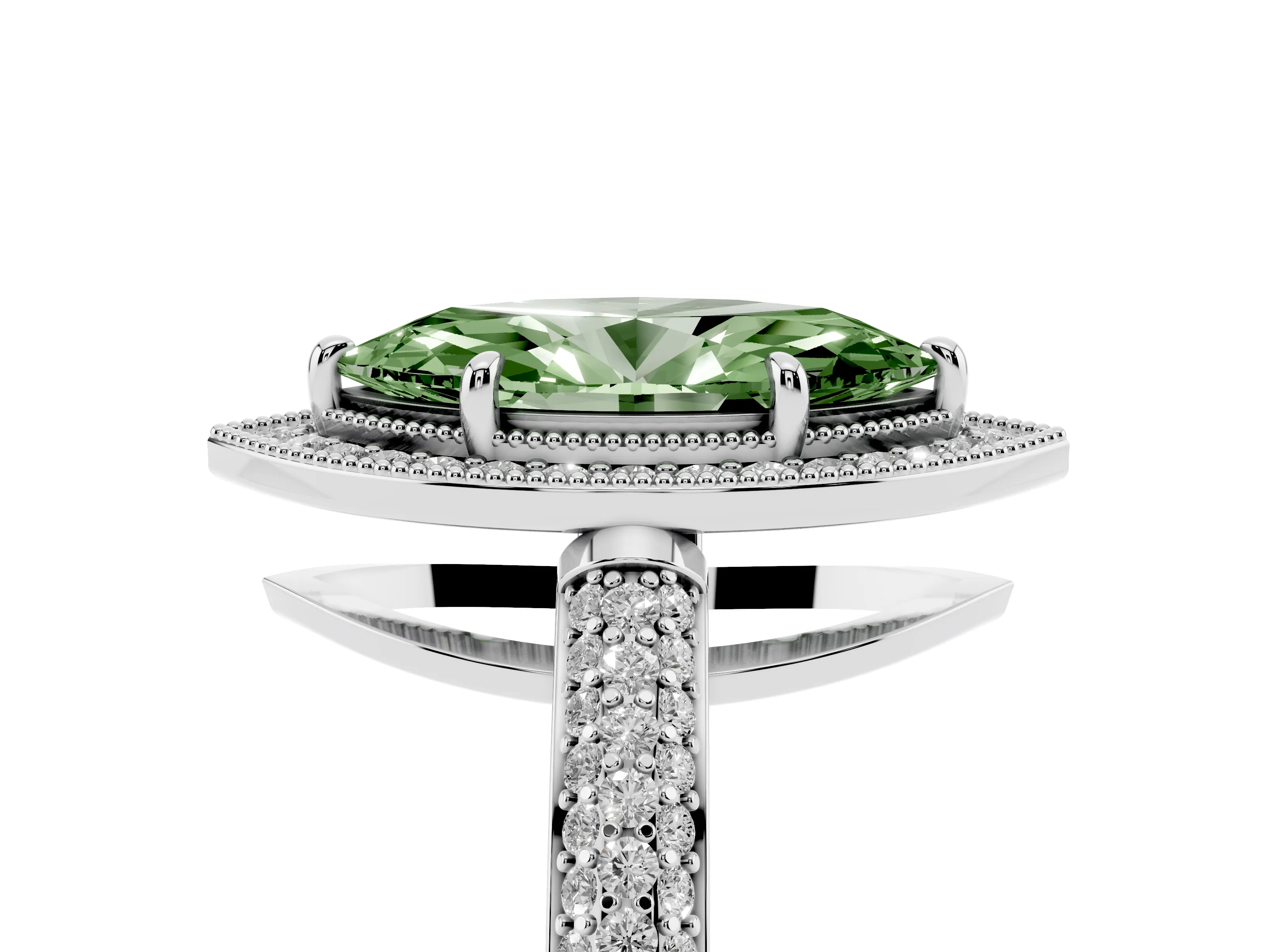 Fancy Green Marquise Cut Diamond Halo Pavé Band Set in White gold with Prong Setting
