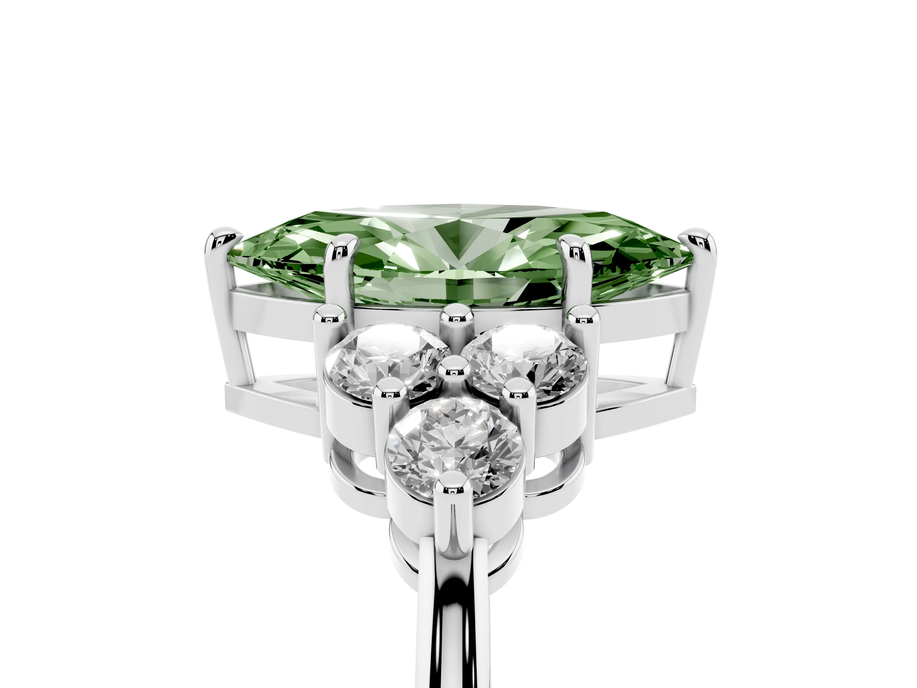 Fancy Green Marquise Cut Diamond Solitaire Ring Set in Silver with Cluster Accents on Each Side