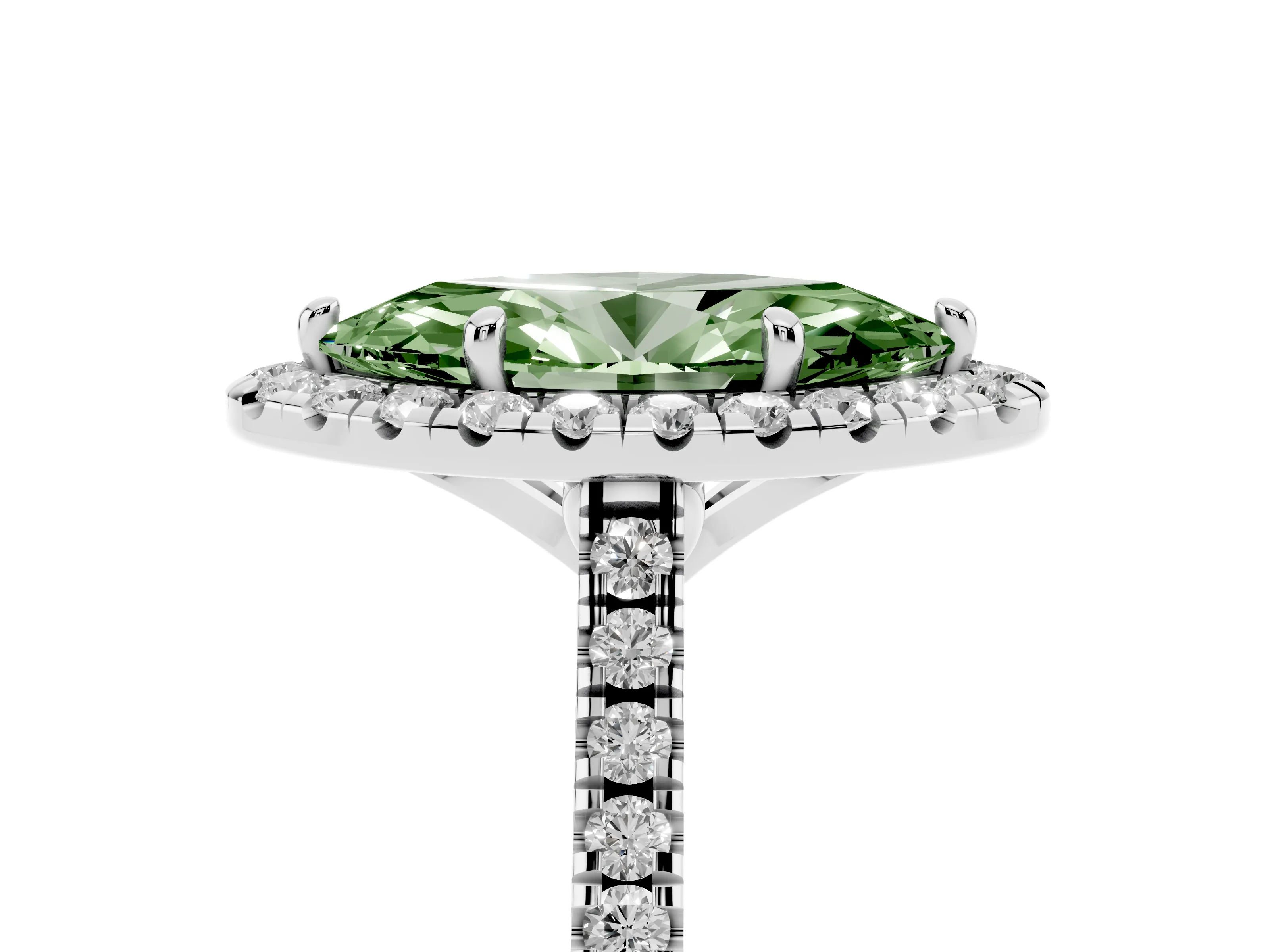 Fancy Green Marquise Cut Diamond Cushion Halo Ring Set in White gold with Pavé Band