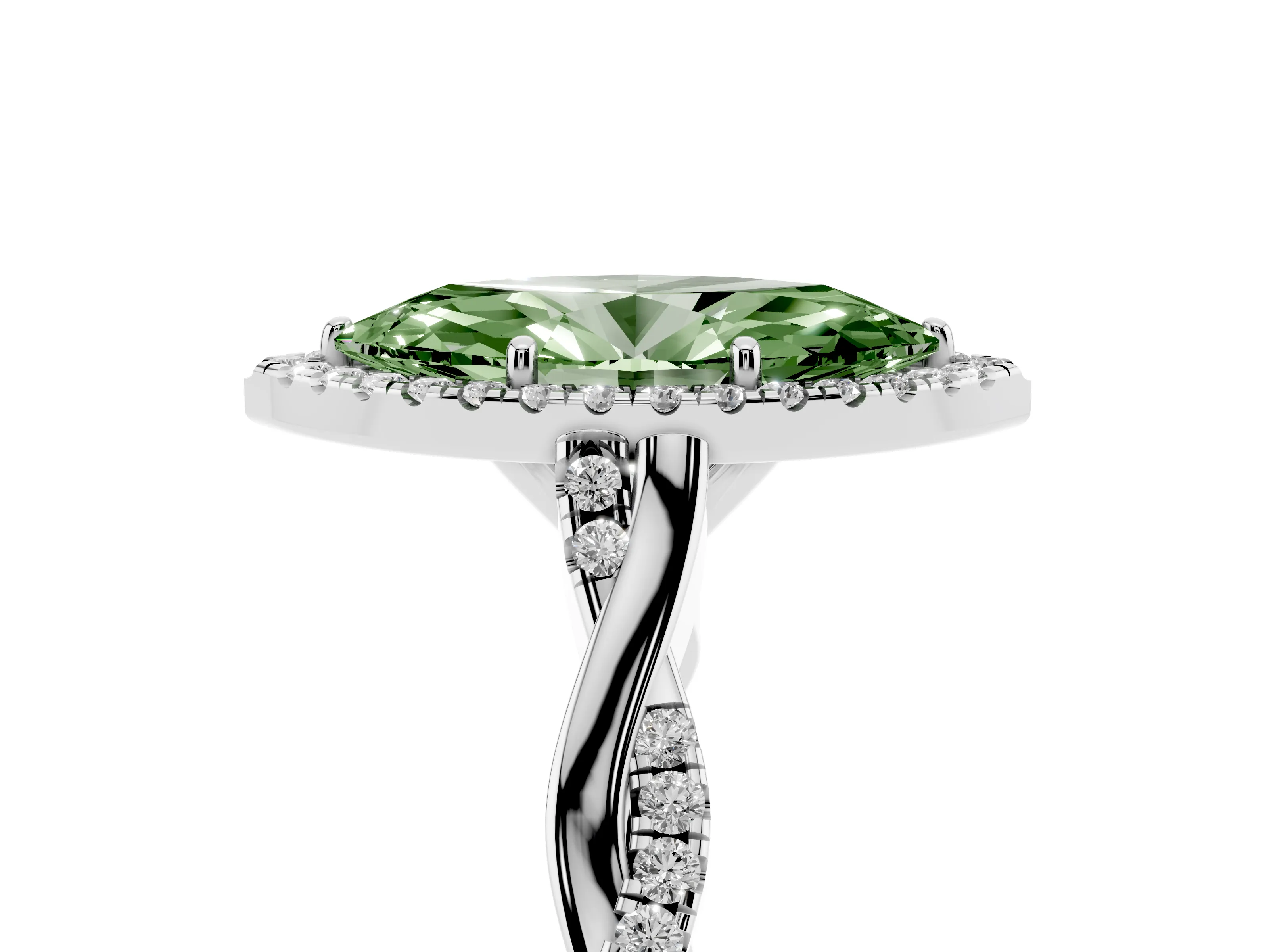 Fancy Green Marquise Cut Diamond Halo Twist Band Solitaire Ring Set in White gold with Prong Setting