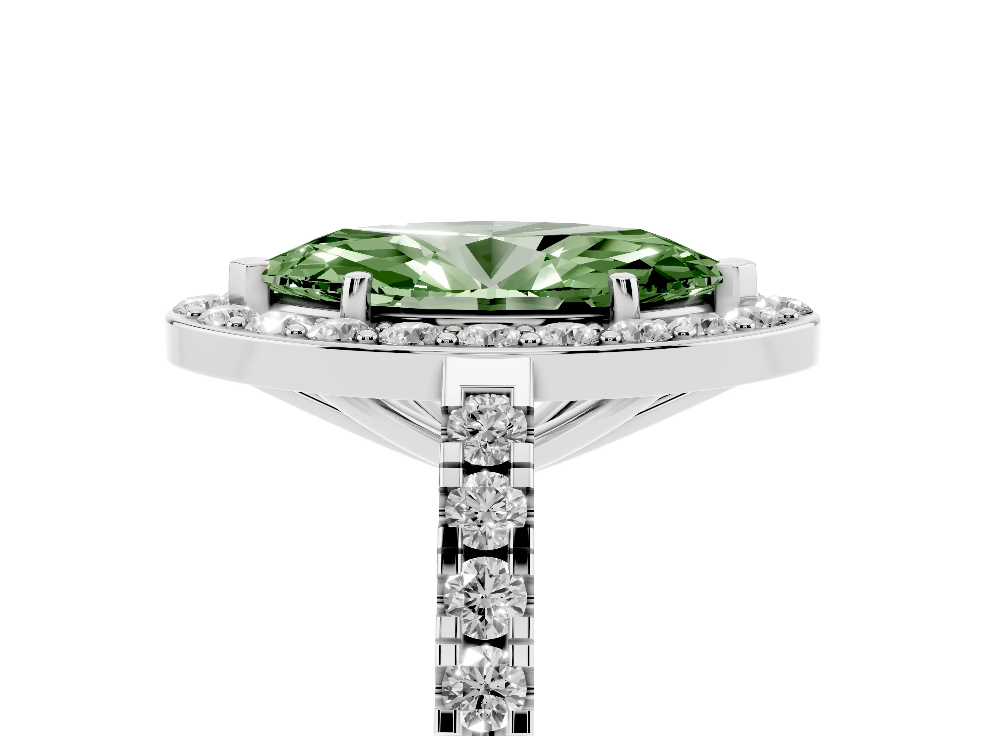 Fancy Green Marquise Cut Diamond Halo Ring Set in Platinum with Round Pavé Split Shank and Prong Setting