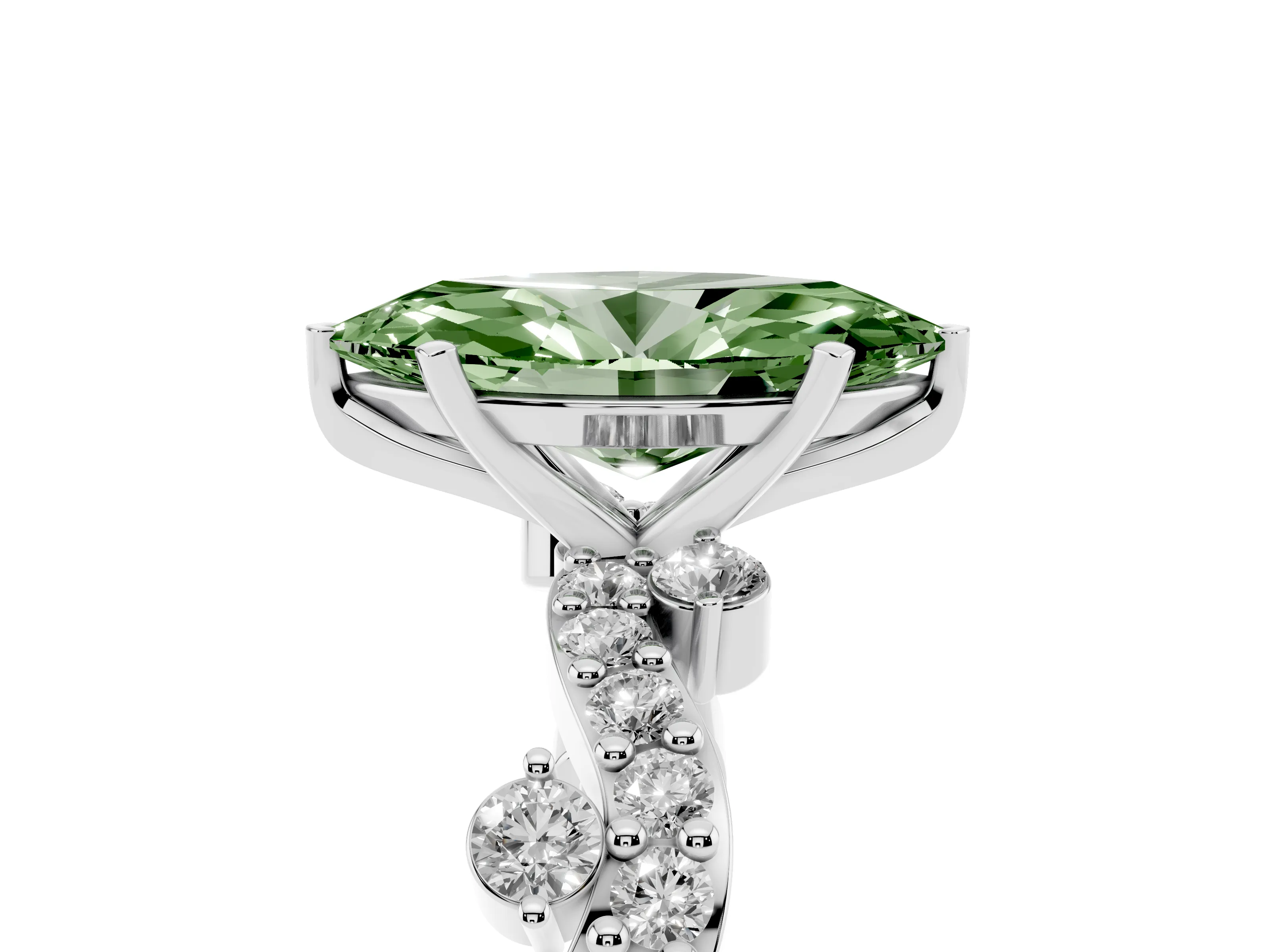 Fancy Green Marquise Cut Diamond Solitaire Twisted Band Set in Platinum with Pavé Setting