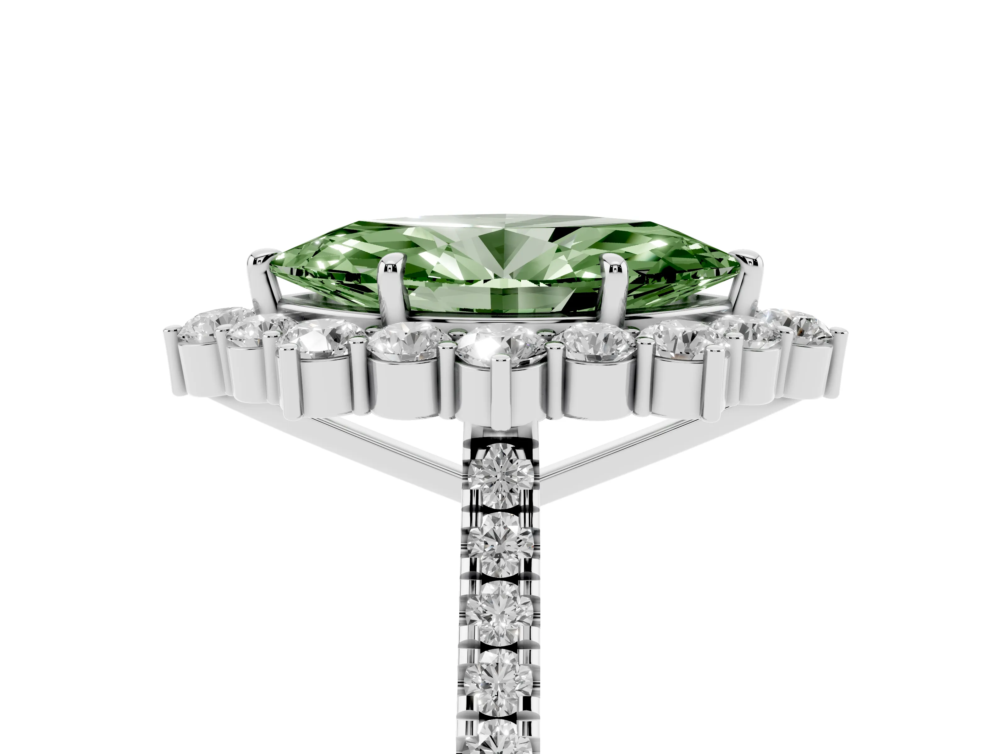 Fancy Green Marquise Cut Diamond Halo Ring Set in White gold with Pavé Band and Prong Setting