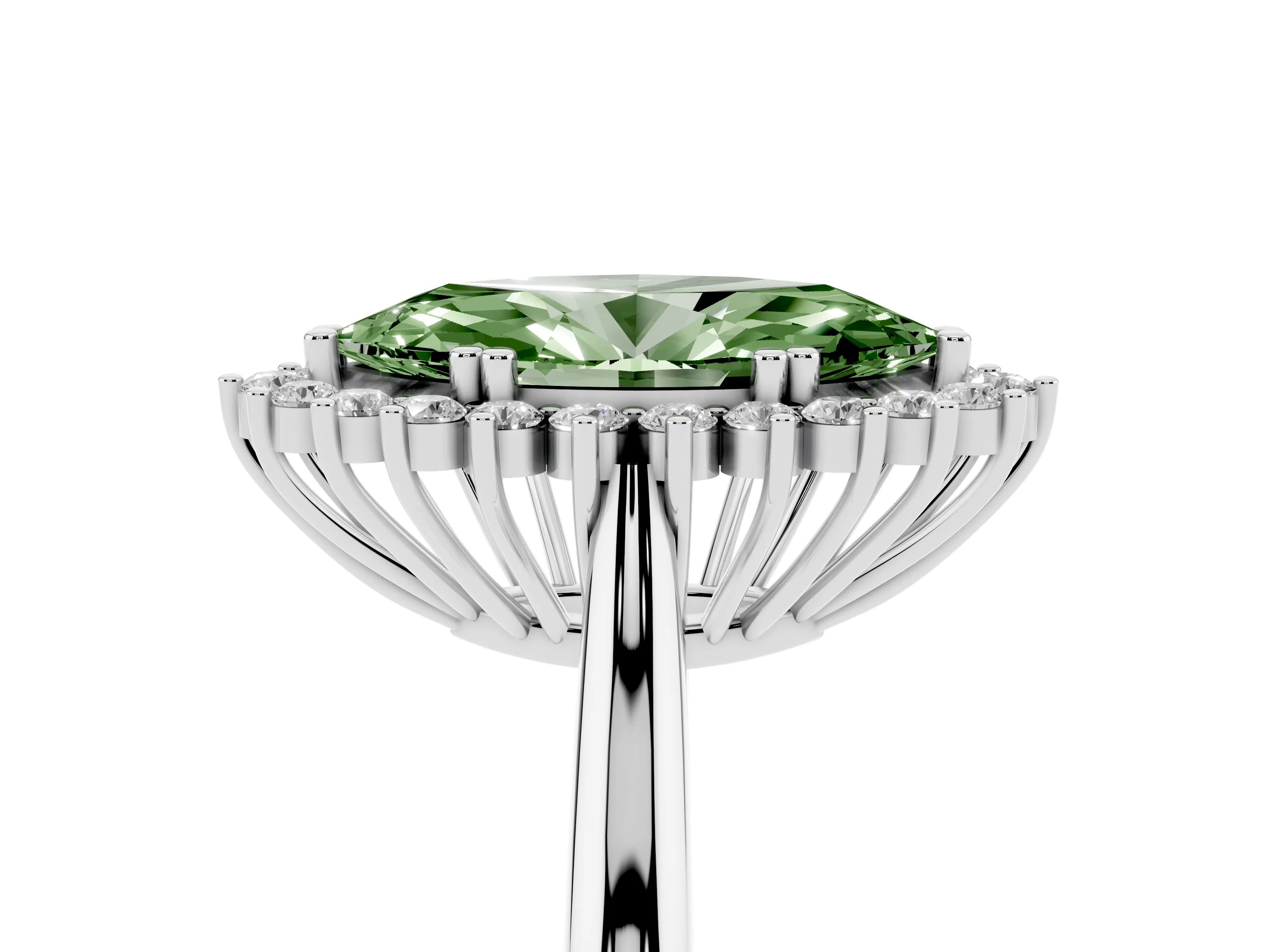 Fancy Green Marquise Cut Diamond Halo Ring Set in Silver with Plain Solitaire Band and Prong Setting