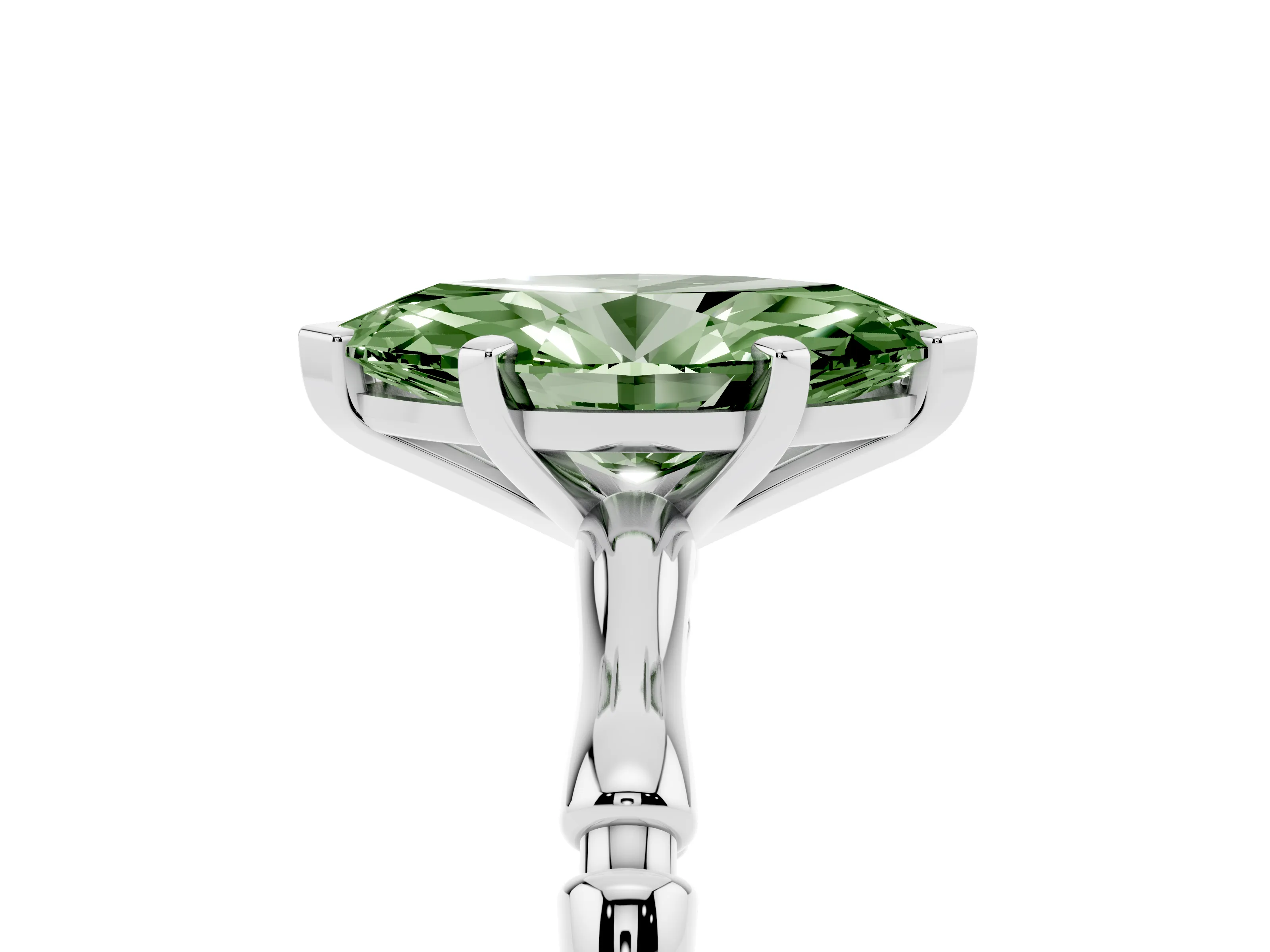 Fancy Green Marquise Cut Diamond Solitaire Ring Set in Silver with Bamboo Band and Prong Setting