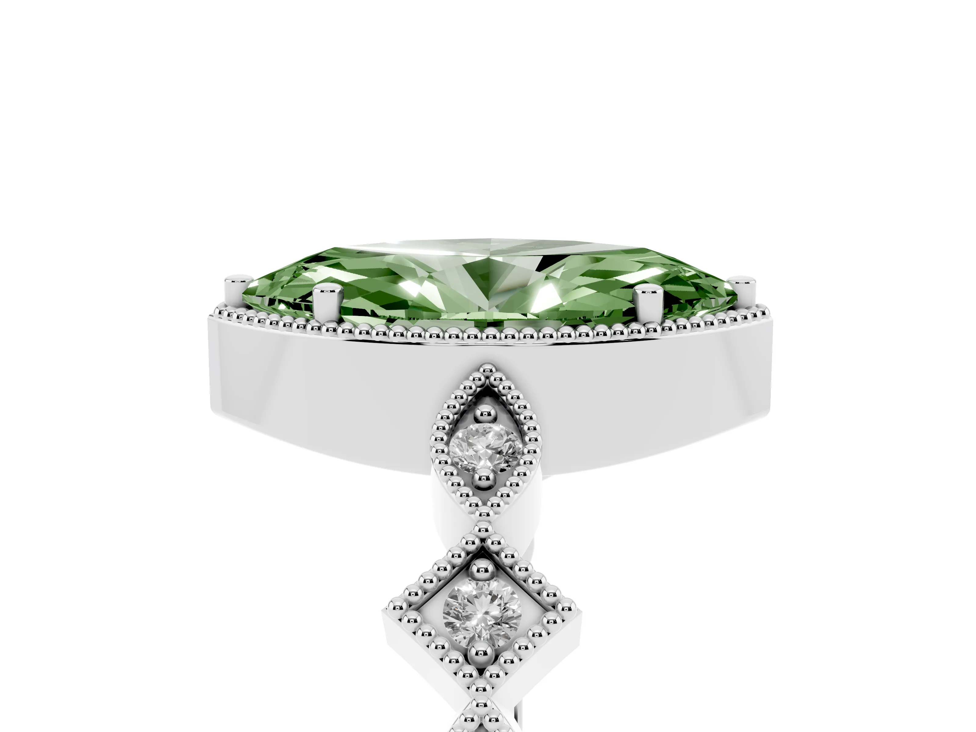 Fancy Green Marquise Cut Diamond Milgrain Marquise Twist Band Ring Set in Silver with Prong Setting