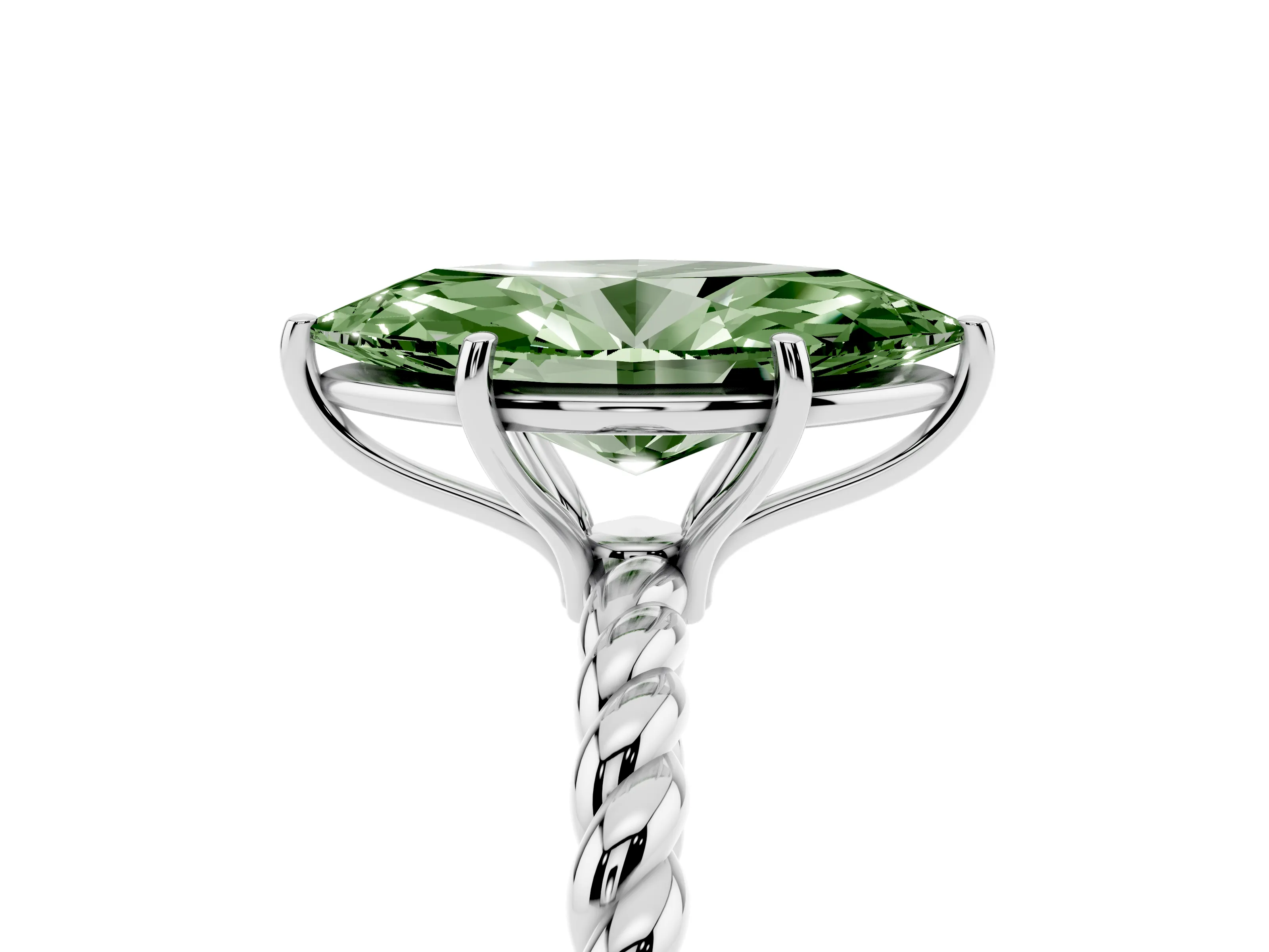 Fancy Green Marquise Cut Diamond Solitaire Ring Set in Silver with Twist Band and Prong Setting