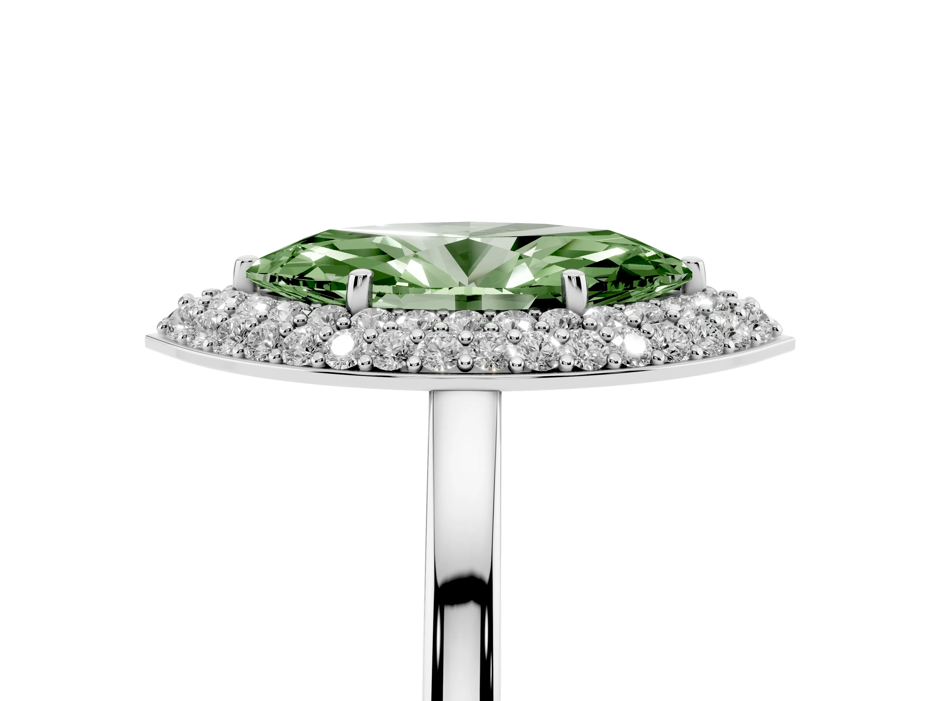 Fancy Green Marquise Cut Diamond Halo Engagement Ring Set in Platinum with Solitaire Band and Prong Setting