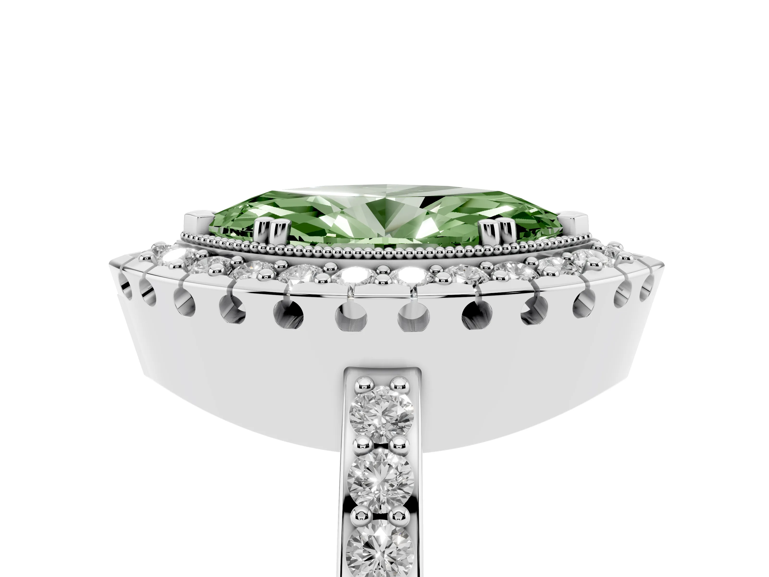 Fancy Green Marquise Cut Diamond Halo Ring Set in White gold with Pavé Shank and Prong Setting