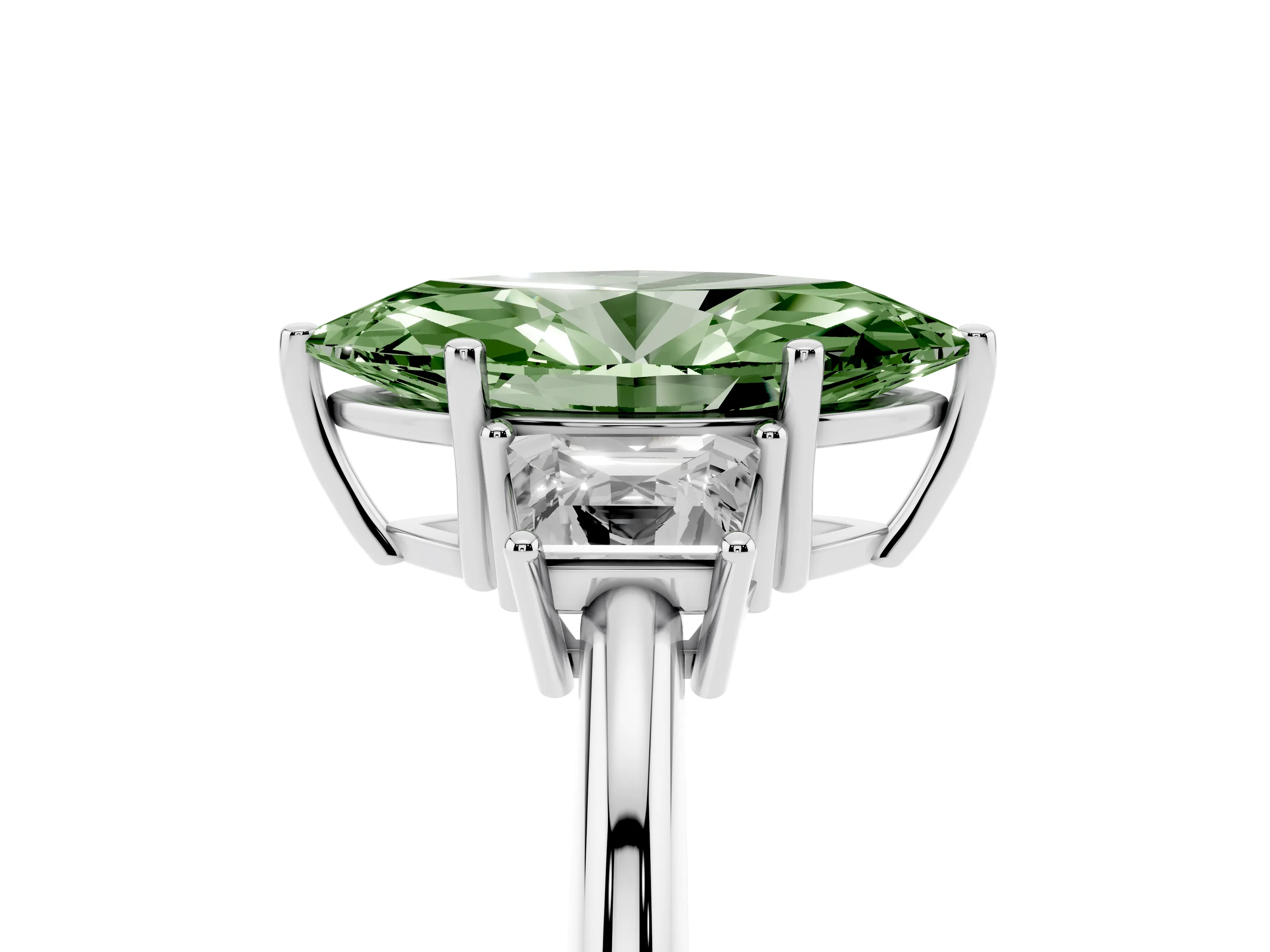 Fancy Green Marquise Cut Diamond Three-Stone Ring Set in Silver with Trapezoid Side Stones and Prong Setting