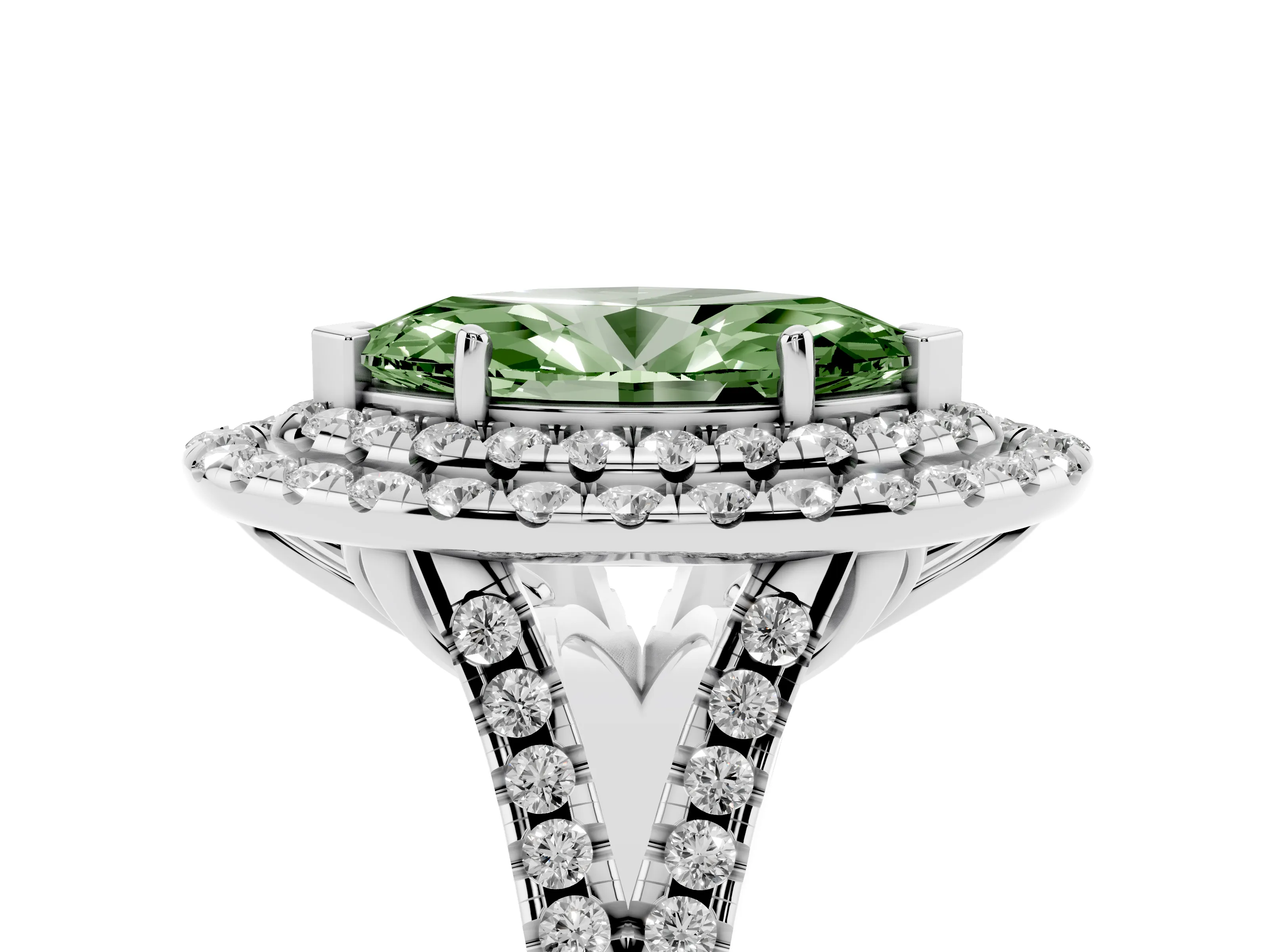 Fancy Green Marquise Cut Diamond Double Halo Ring Set in Platinum with Pavé Split Shank and Prong Setting