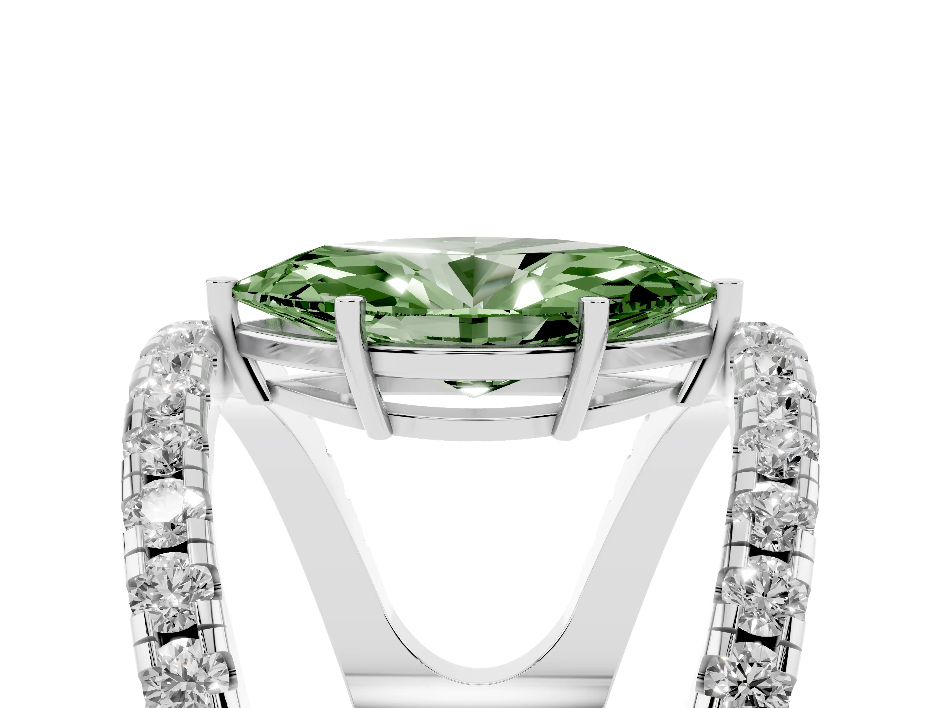 Fancy Green Marquise Cut Diamond Split Shank Pavé Solitaire Ring Set in White gold with Open Shank Design