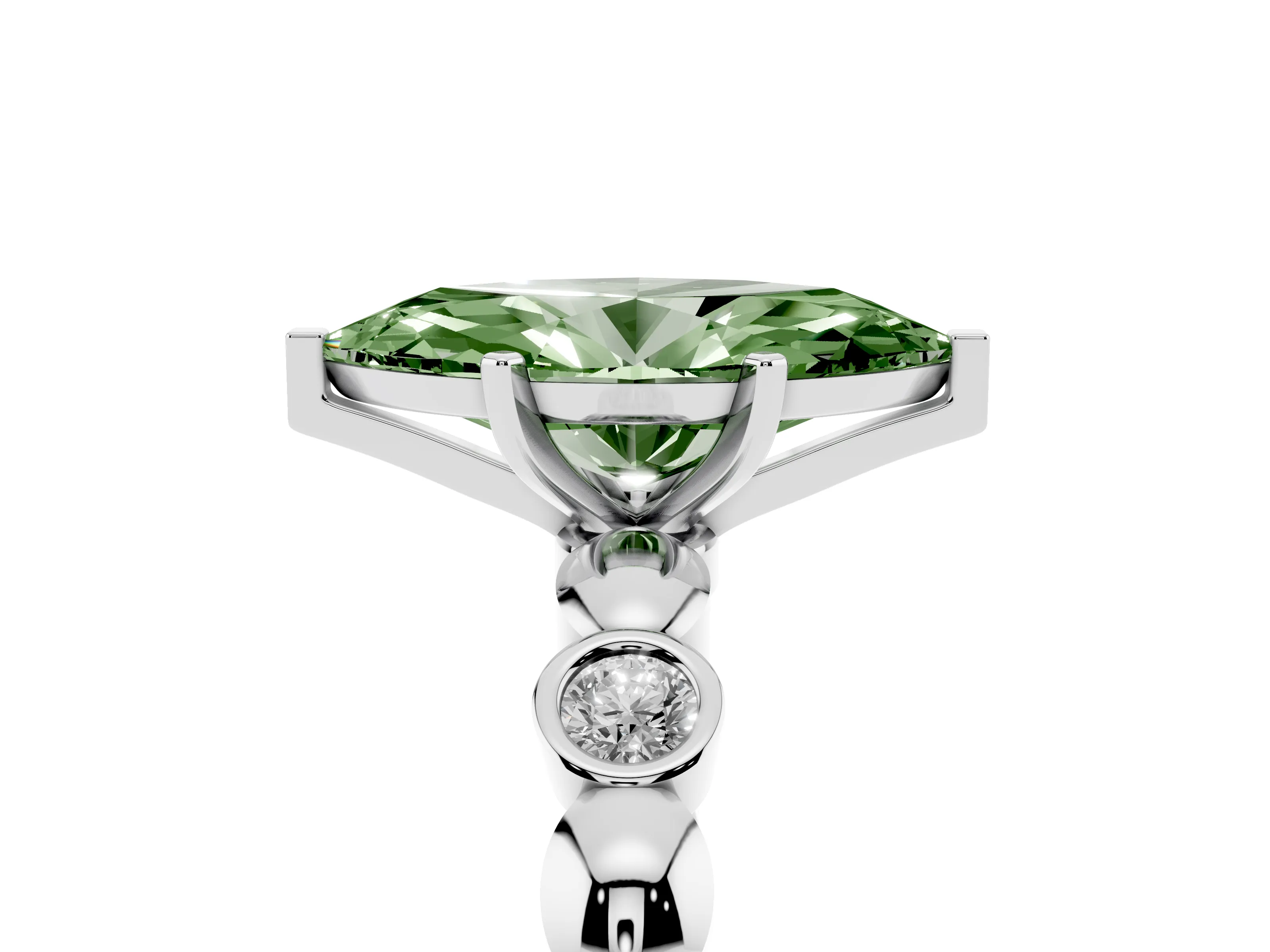 Fancy Green Marquise Cut Diamond Solitaire Ring Set in Silver with Bezel-Set Accents on Beaded Band and Prong Setting