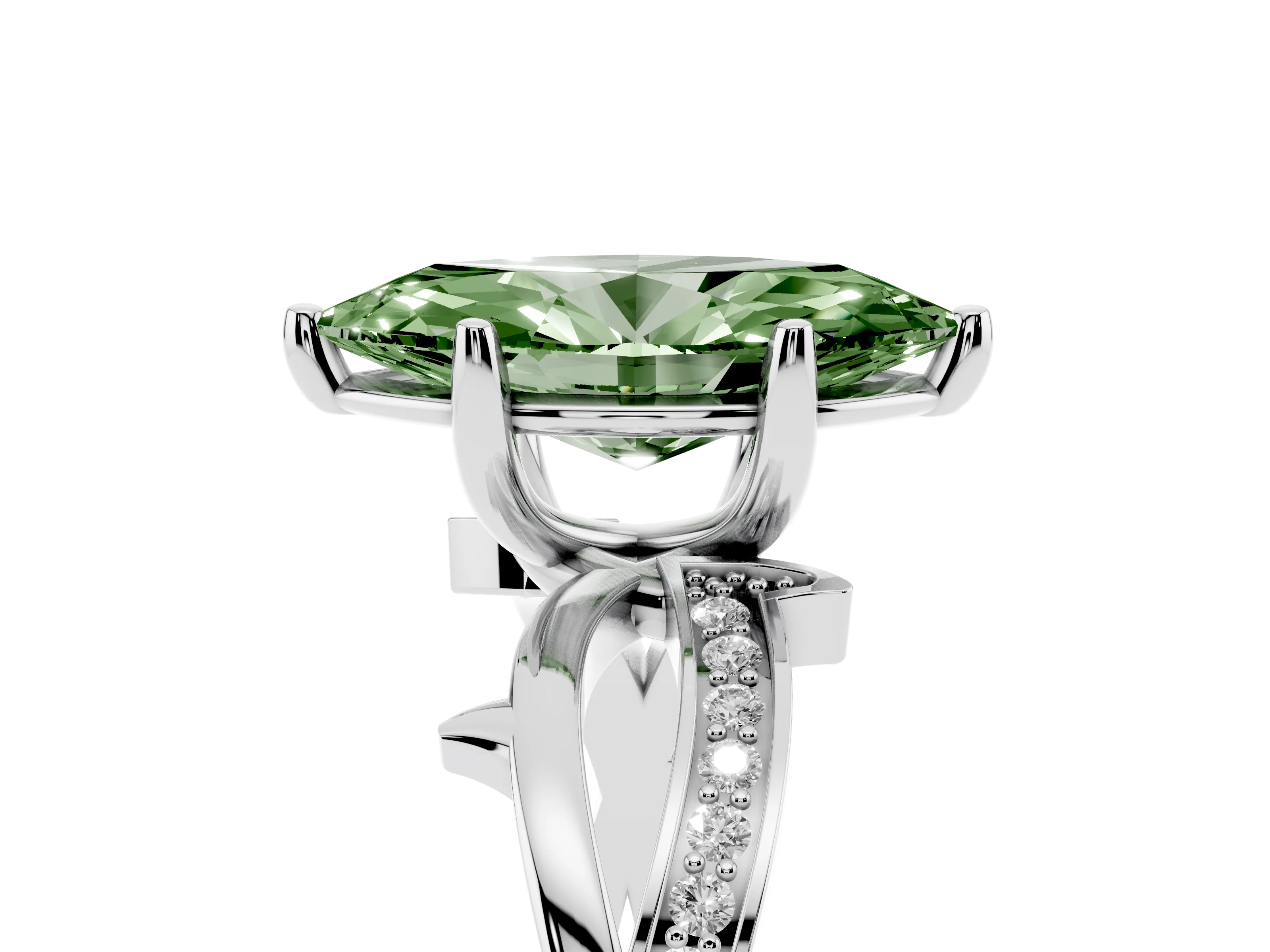 Fancy Green Marquise Cut Diamond Pavé Twist Band Solitaire Ring Set in Silver with Prong Setting