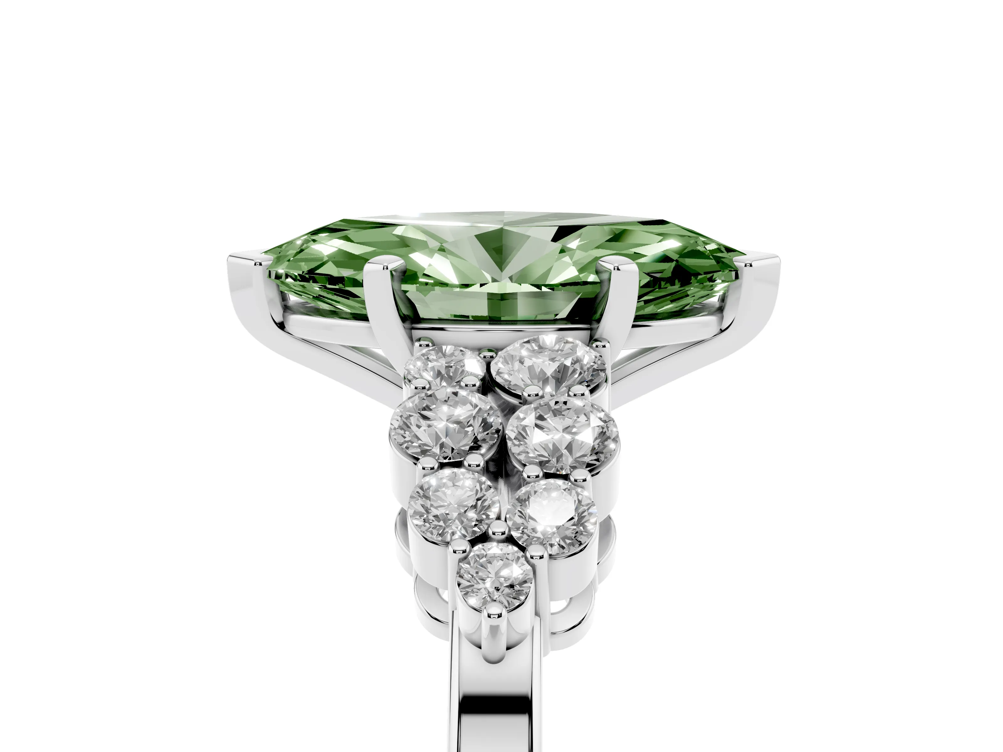 Fancy Green Marquise Cut Diamond Cluster Engagement Ring Set in Silver with Pavé Band and Prong Setting