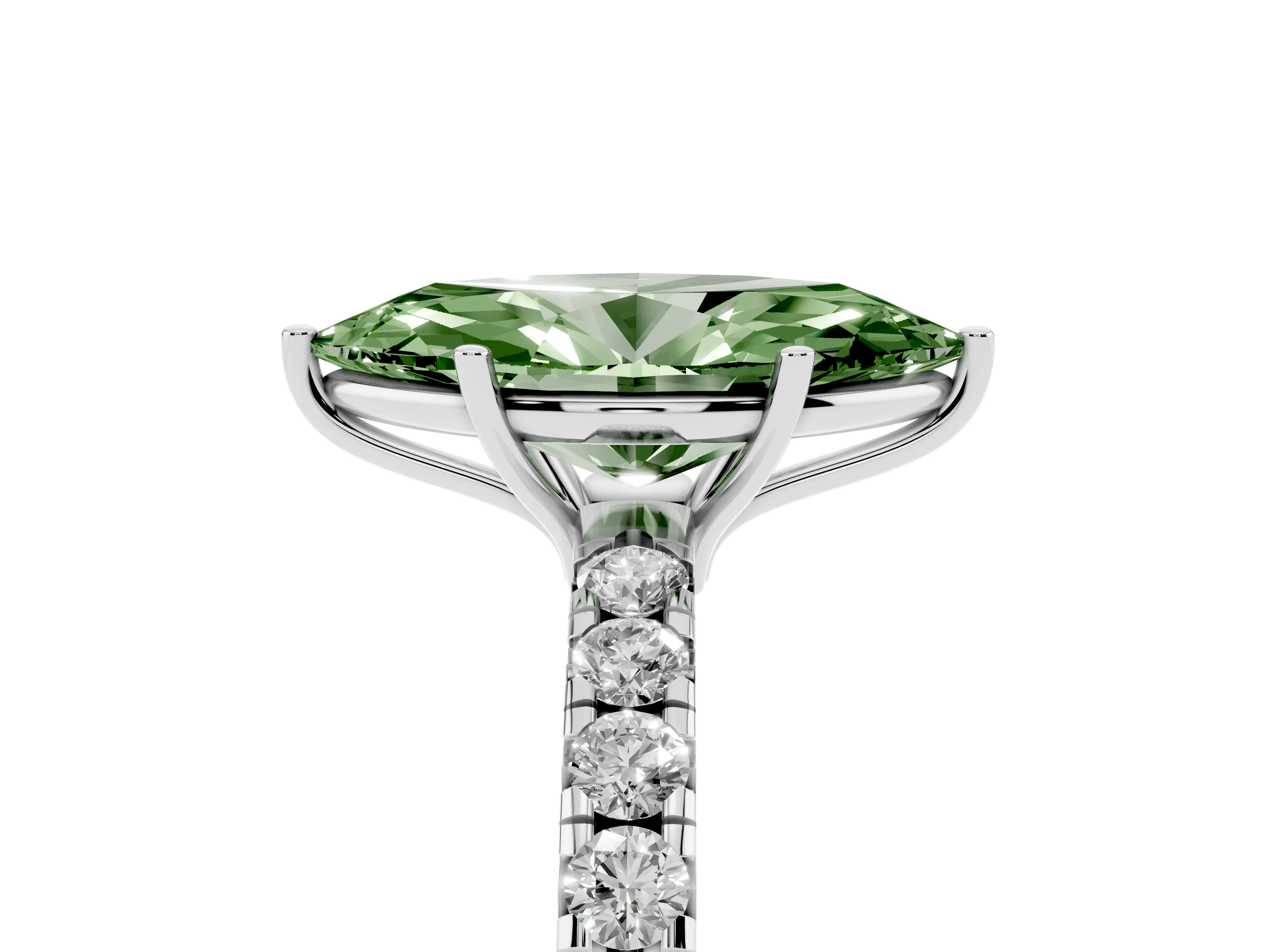 Fancy Green Marquise Cut Diamond Pavé Solitaire Engagement Ring Set in Silver with Prong Setting