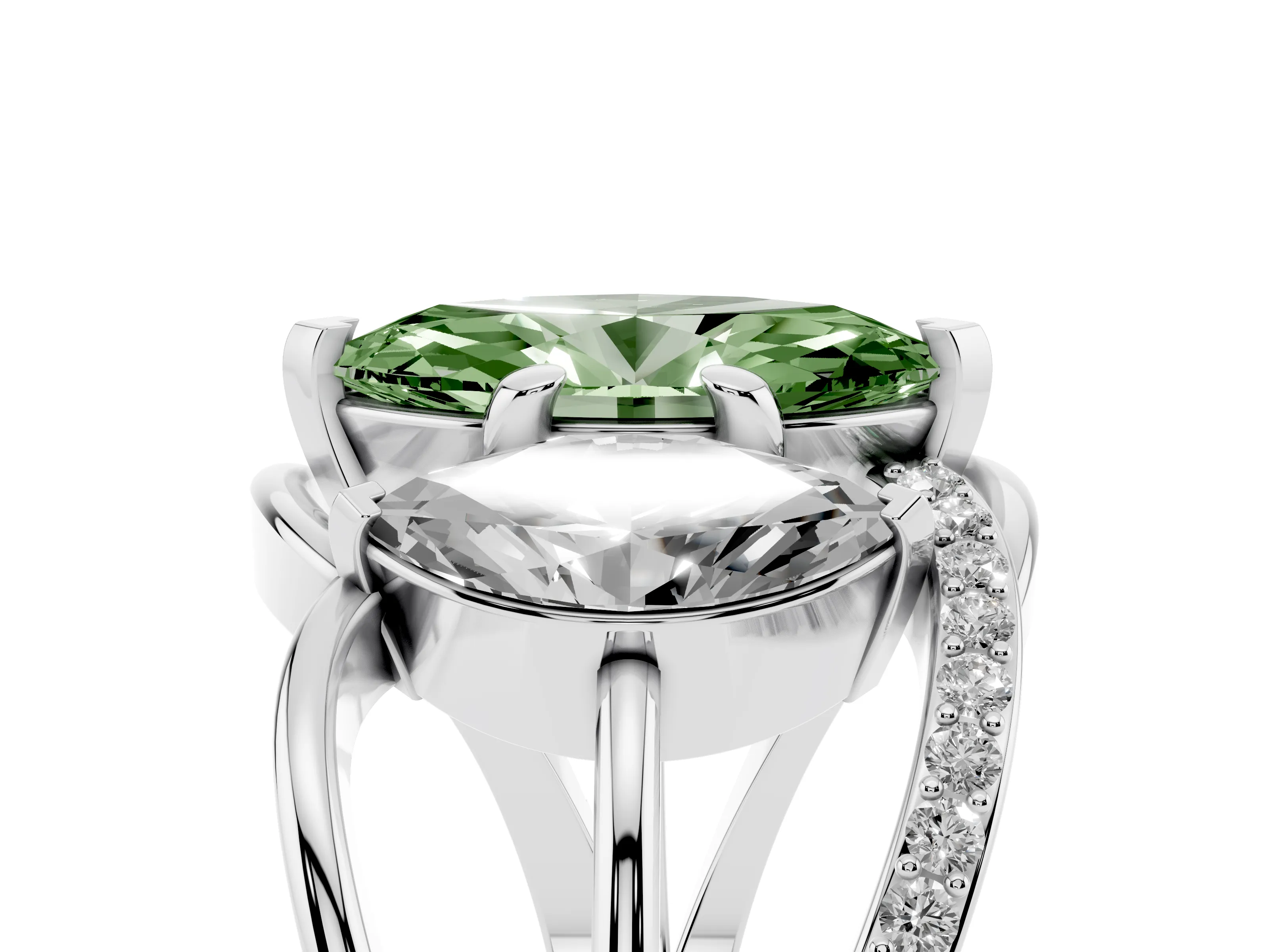 Fancy Green Marquise Cut Diamond Three-Stone Ring Set in Platinum with Split Shank and Prong Setting