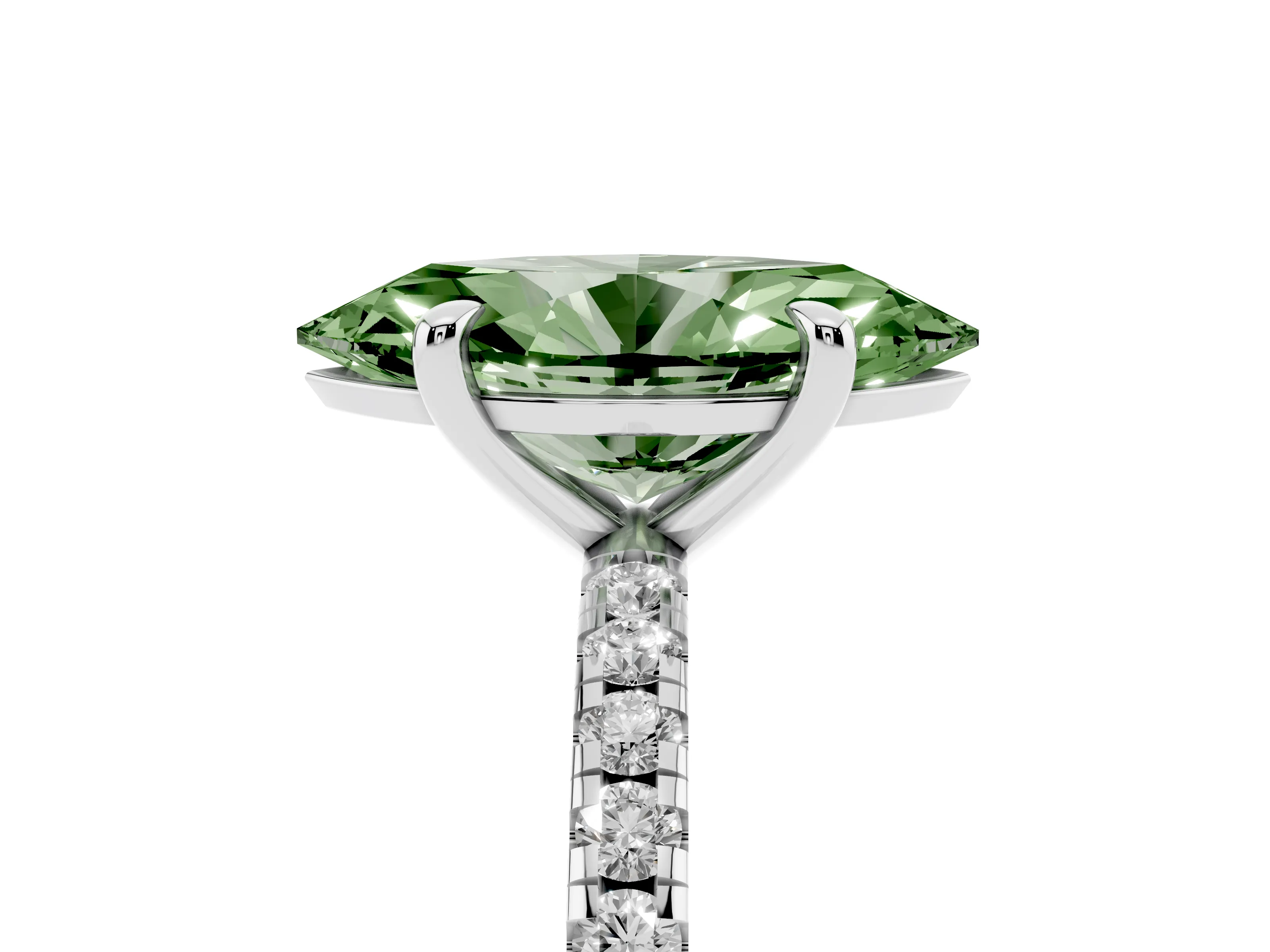 Fancy Green Marquise Cut Diamond Brilliant Solitaire Ring Set in White gold with Pavé Band and Prong Setting