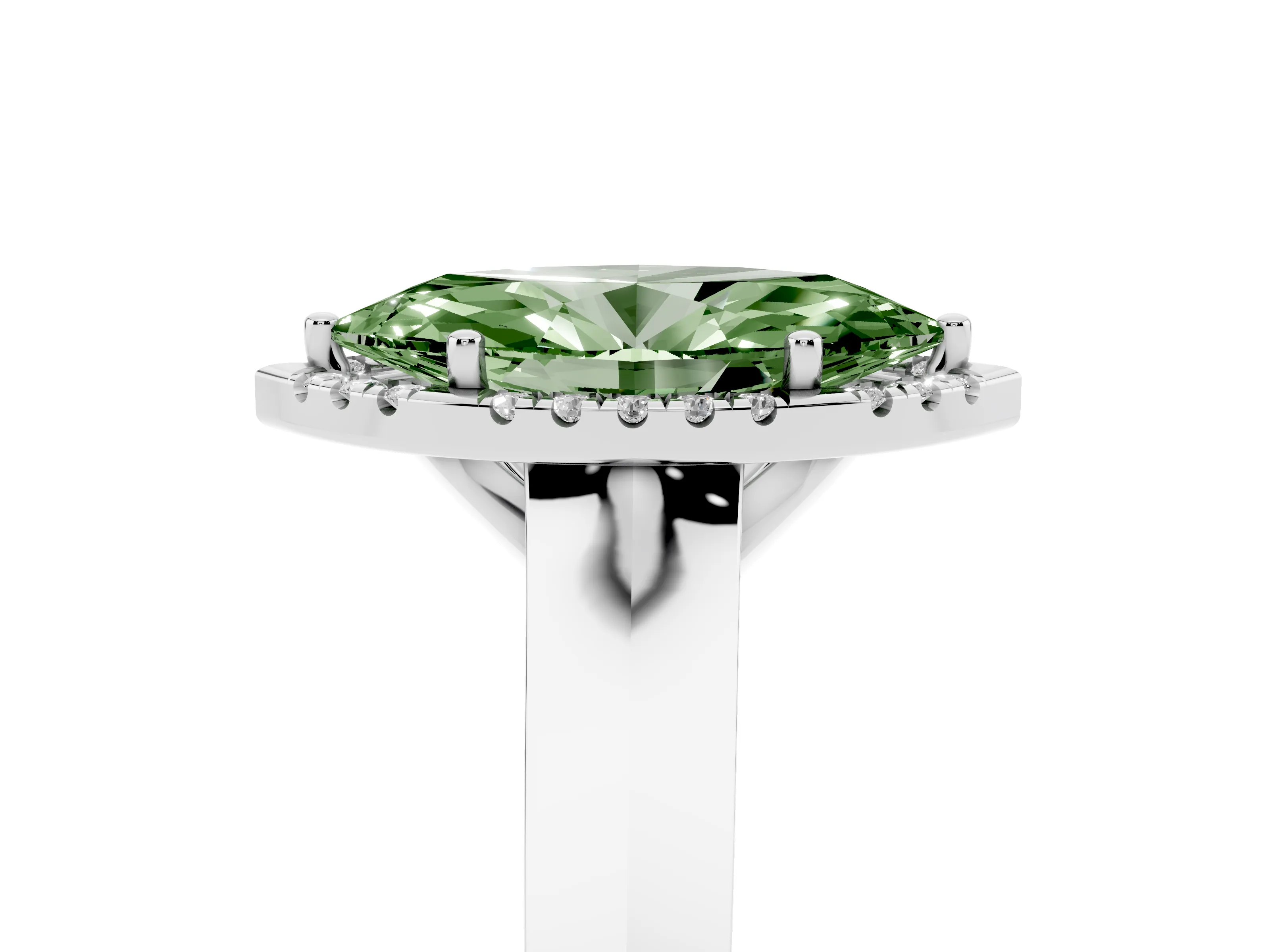 Fancy Green Marquise Cut Diamond Halo Ring Set in Silver with Cathedral Band and Prong Setting