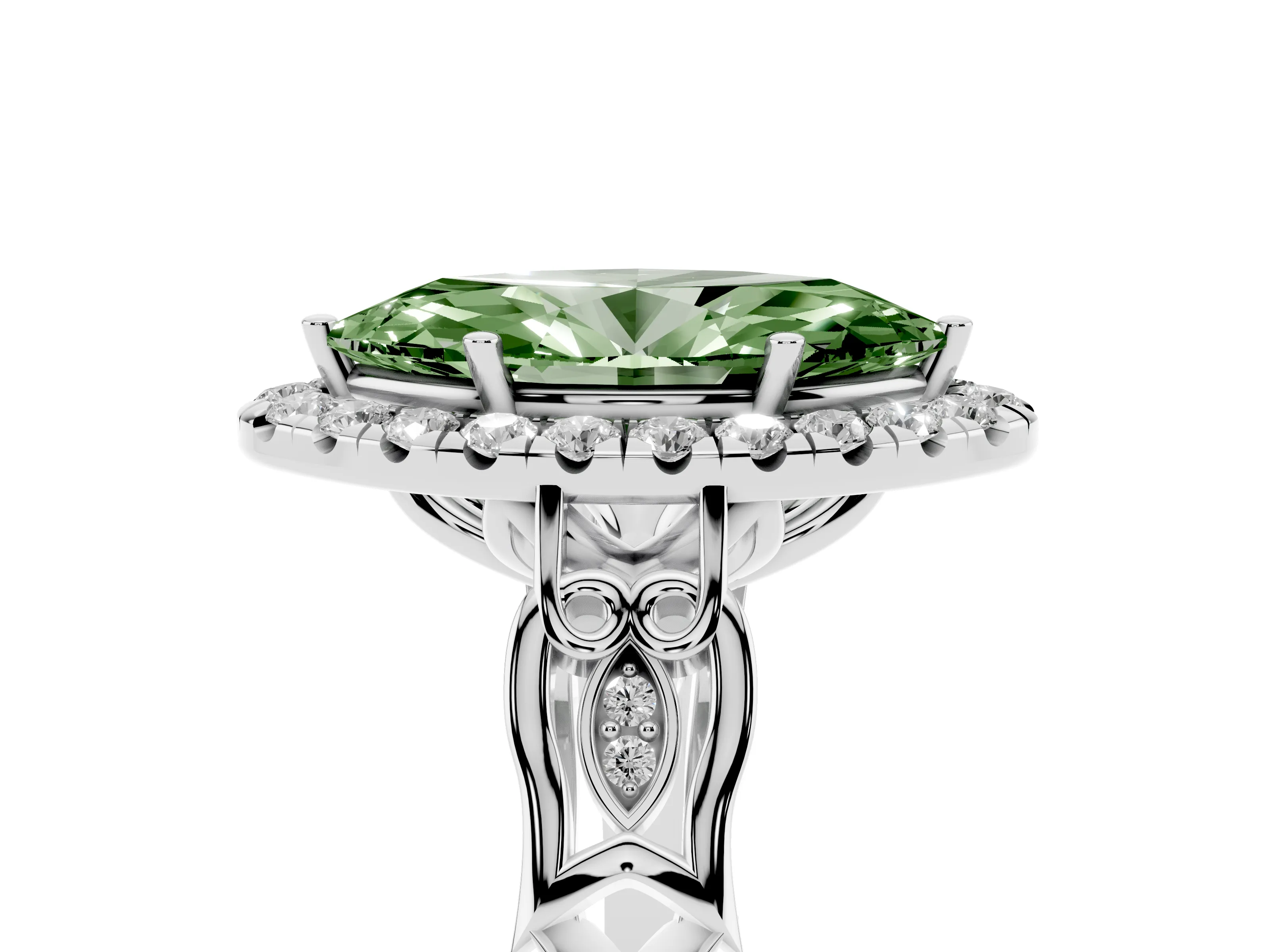 Fancy Green Marquise Cut Diamond Halo Engagement Ring Set in White gold with Filigree Band and Prong-Set Center