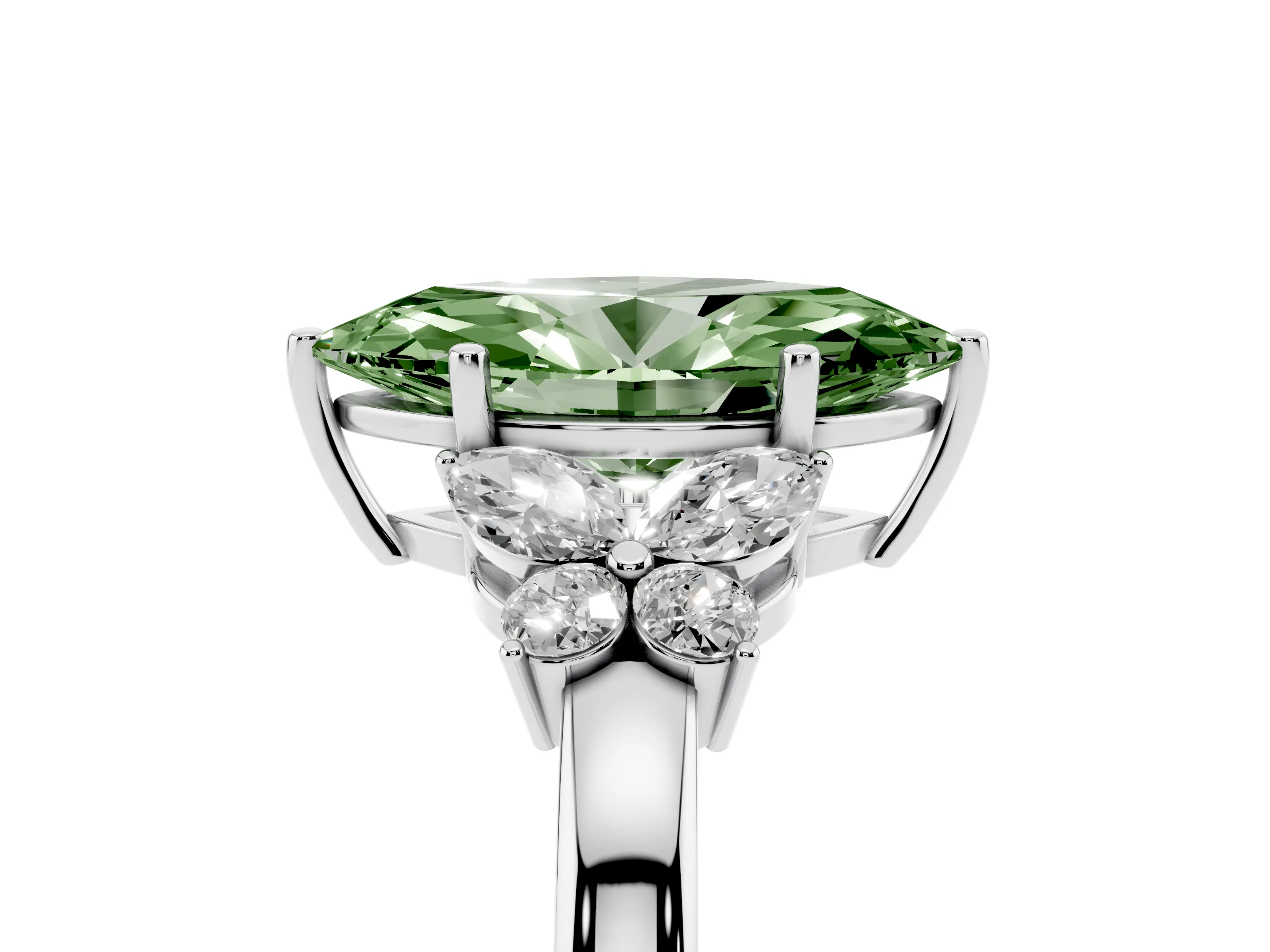 Fancy Green Marquise Cut Diamond Solitaire Floral Ring Set in Platinum with Marquise Petals and Prong Setting