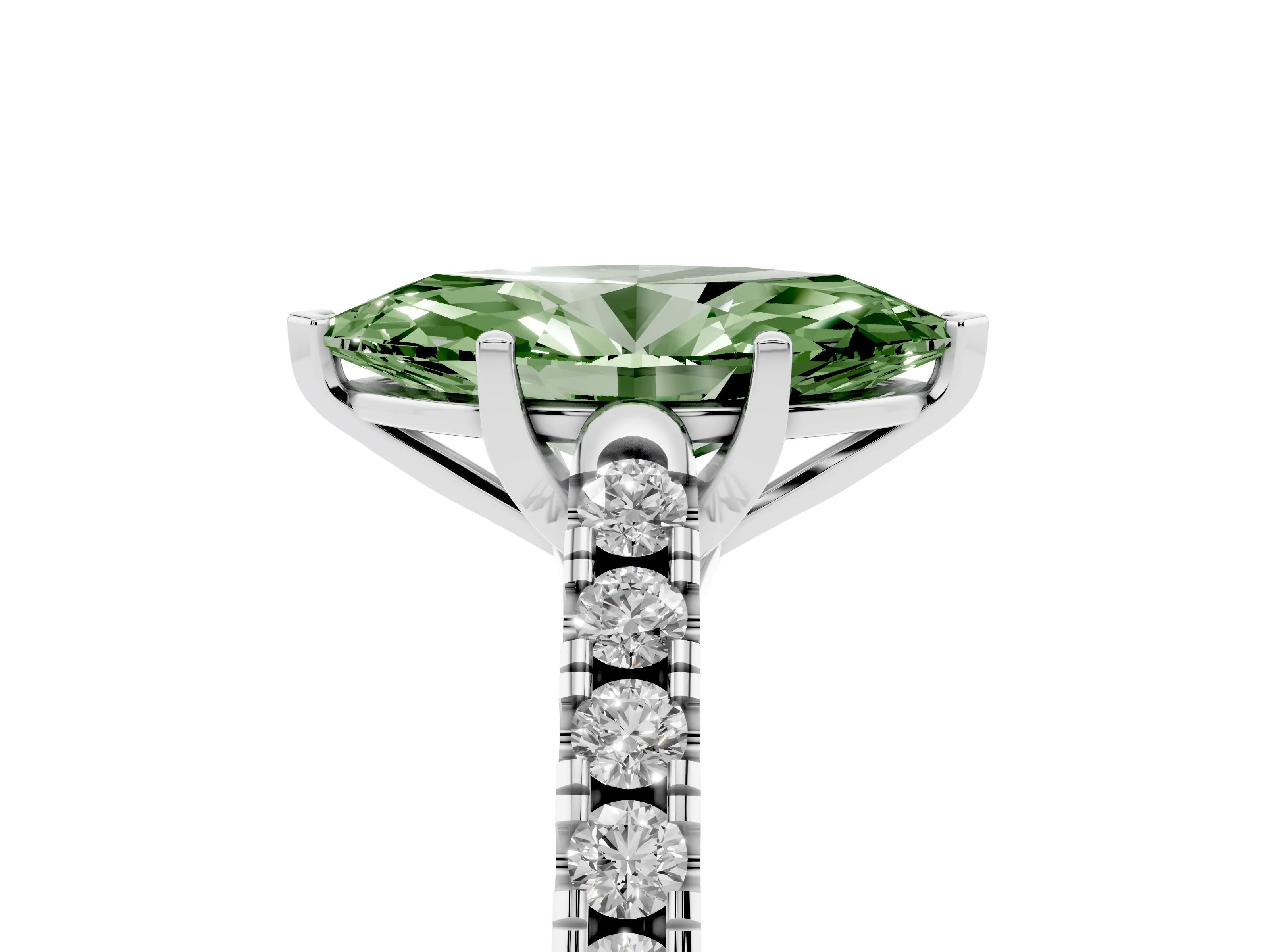 Fancy Green Marquise Cut Diamond Pavé Band Solitaire Ring Set in White gold with Partway Accent Stones and Prong Setting