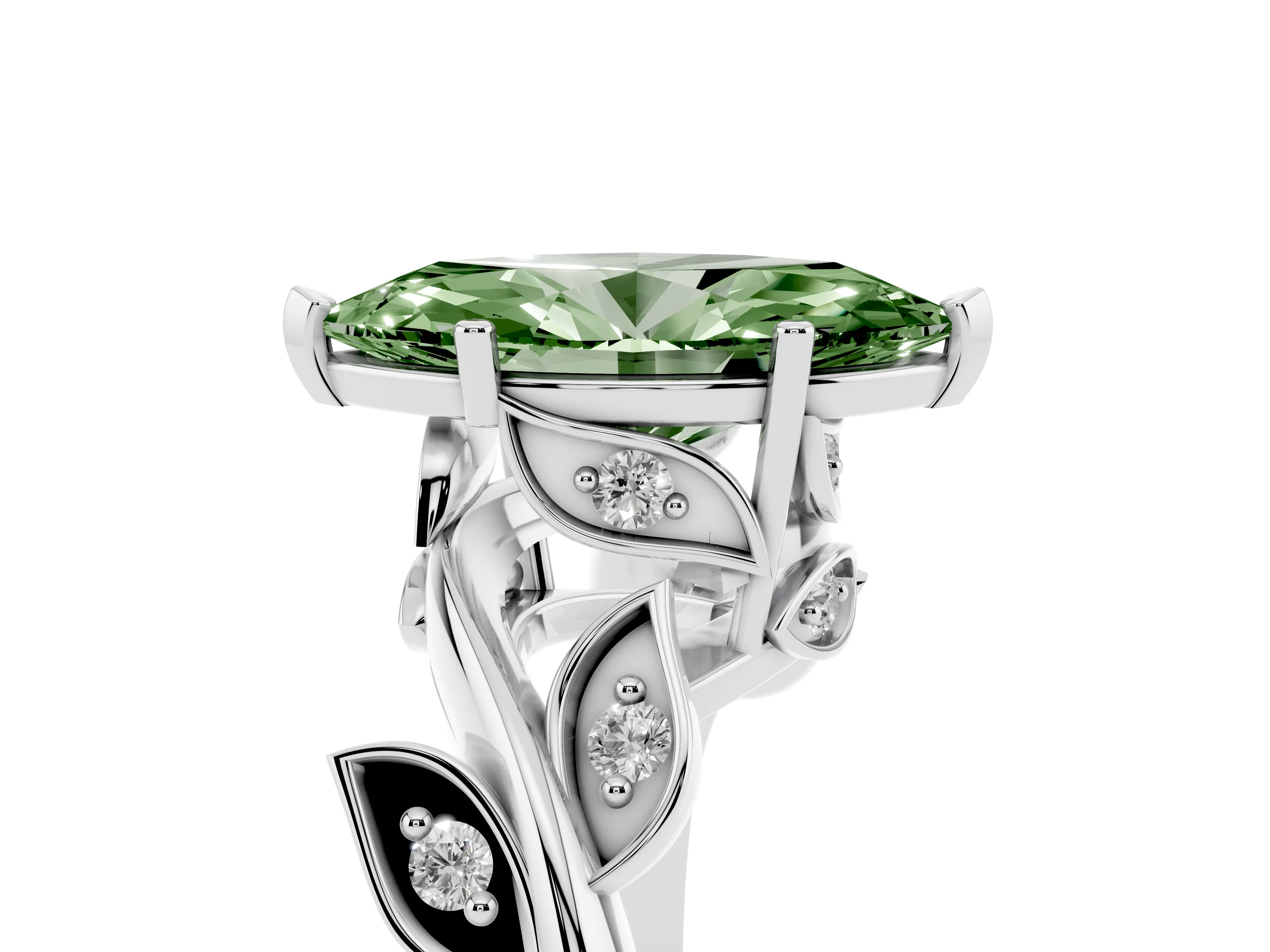 Fancy Green Marquise Cut Diamond Solitaire Twist Engagement Ring Set in White gold with Pavé Leaf Accents