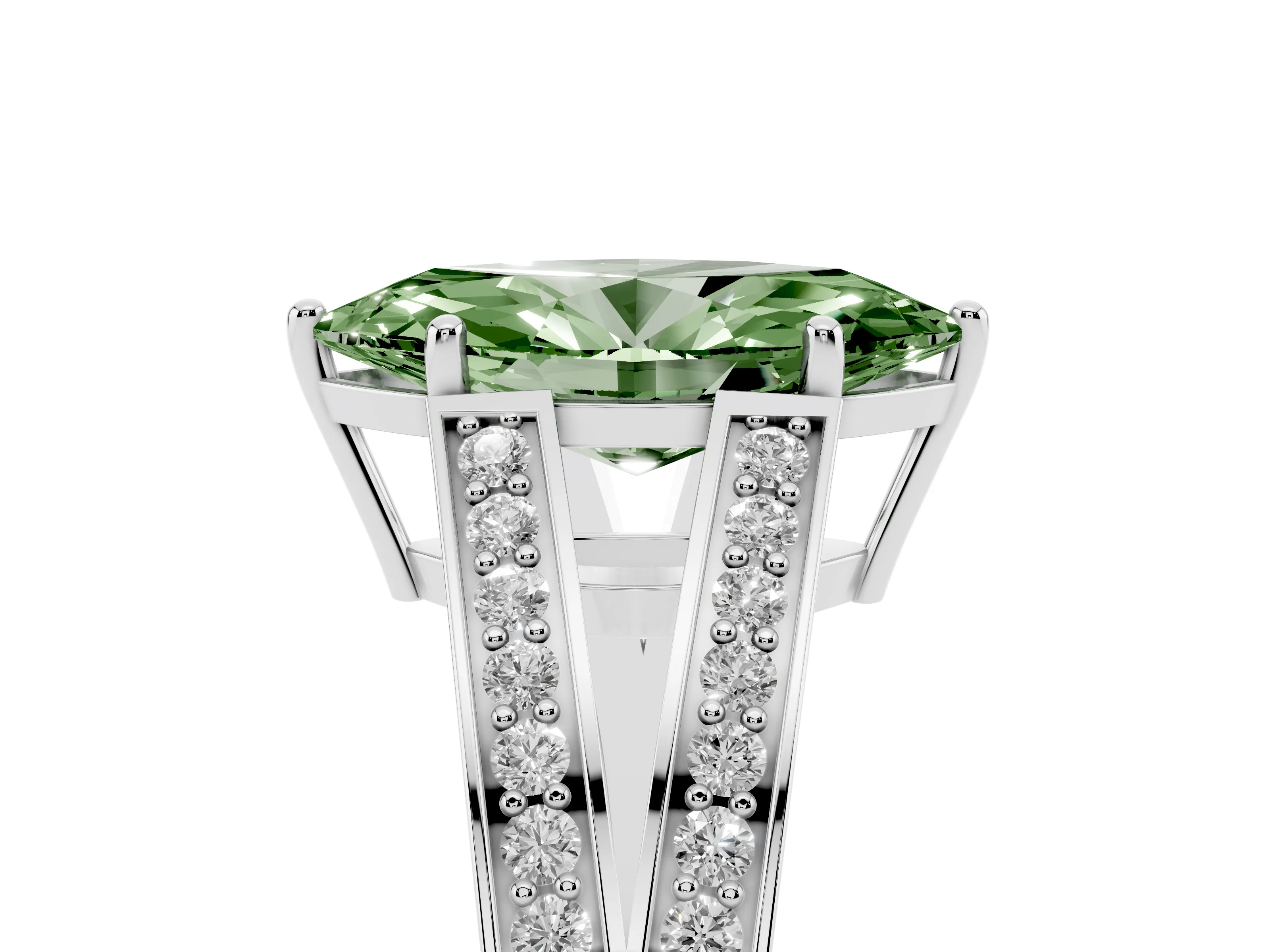 Fancy Green Marquise Cut Diamond Split Shank Ring Set in Platinum with Pavé Band and Prong Setting