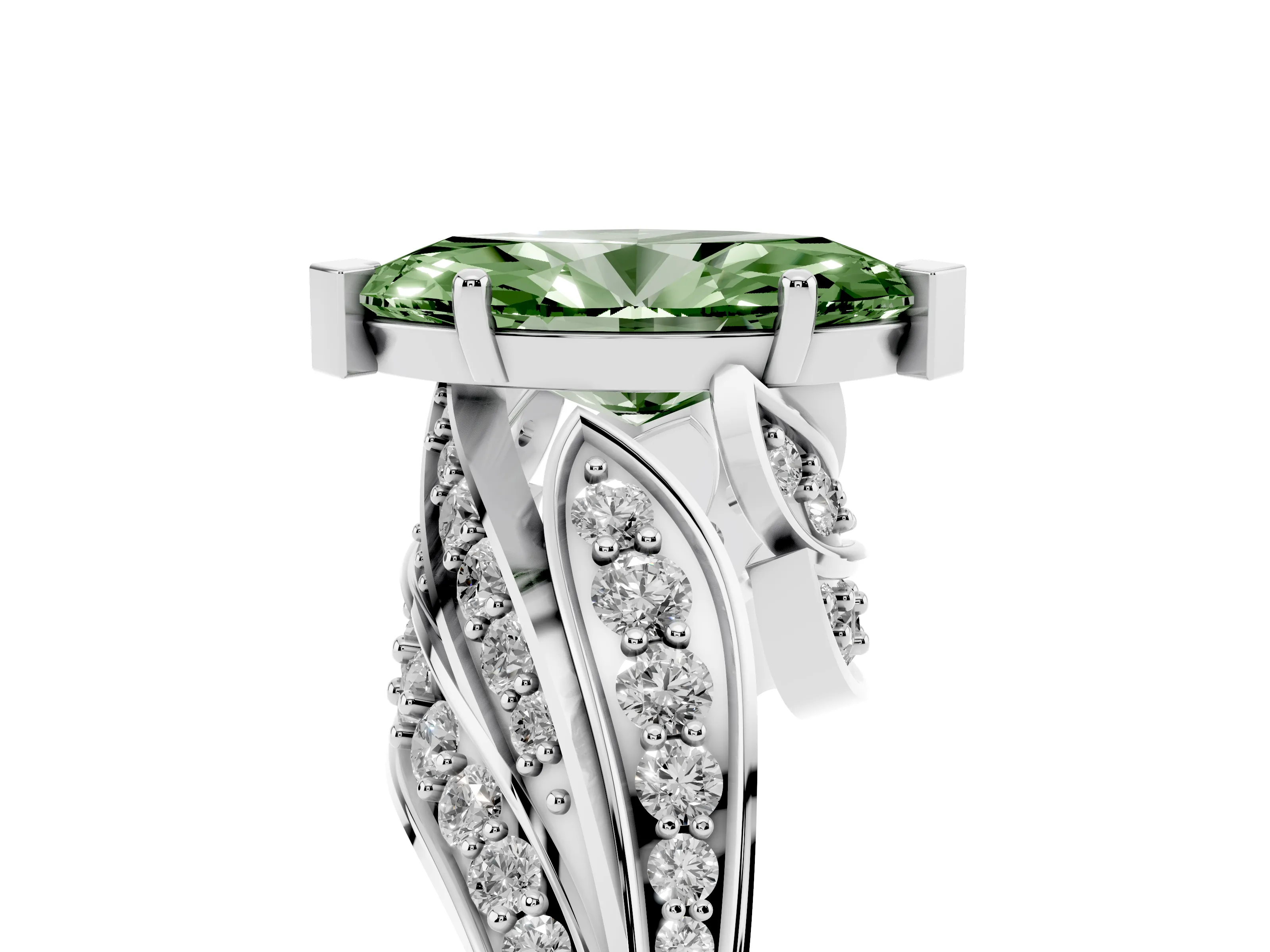 Fancy Green Marquise Cut Diamond Solitaire Ring Set in Platinum with Layered Twist Pavé Band