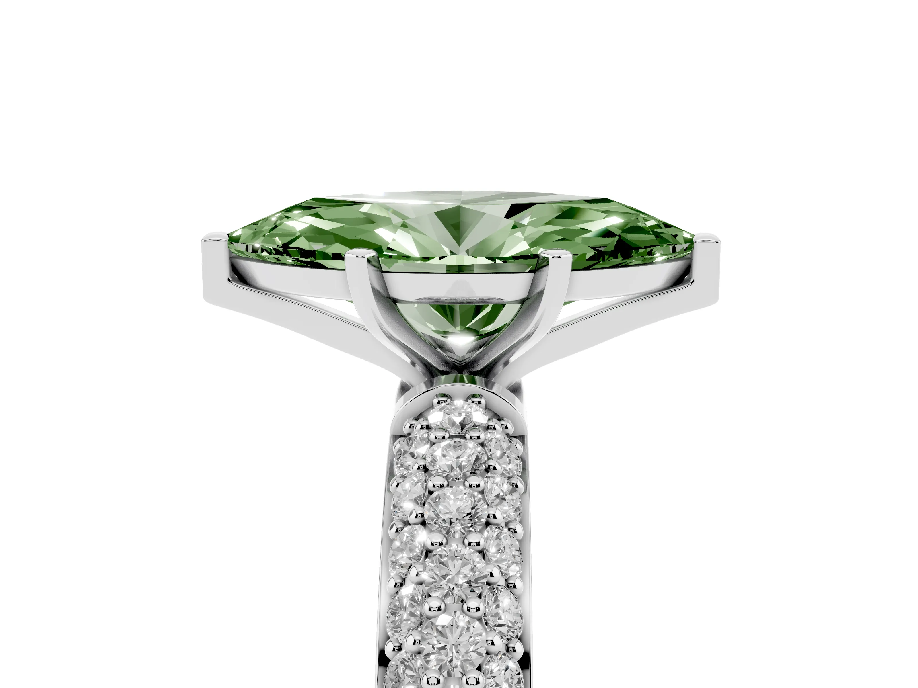 Fancy Green Marquise Cut Diamond Solitaire Ring Set in Platinum with Prong Setting and Pavé-Set Band