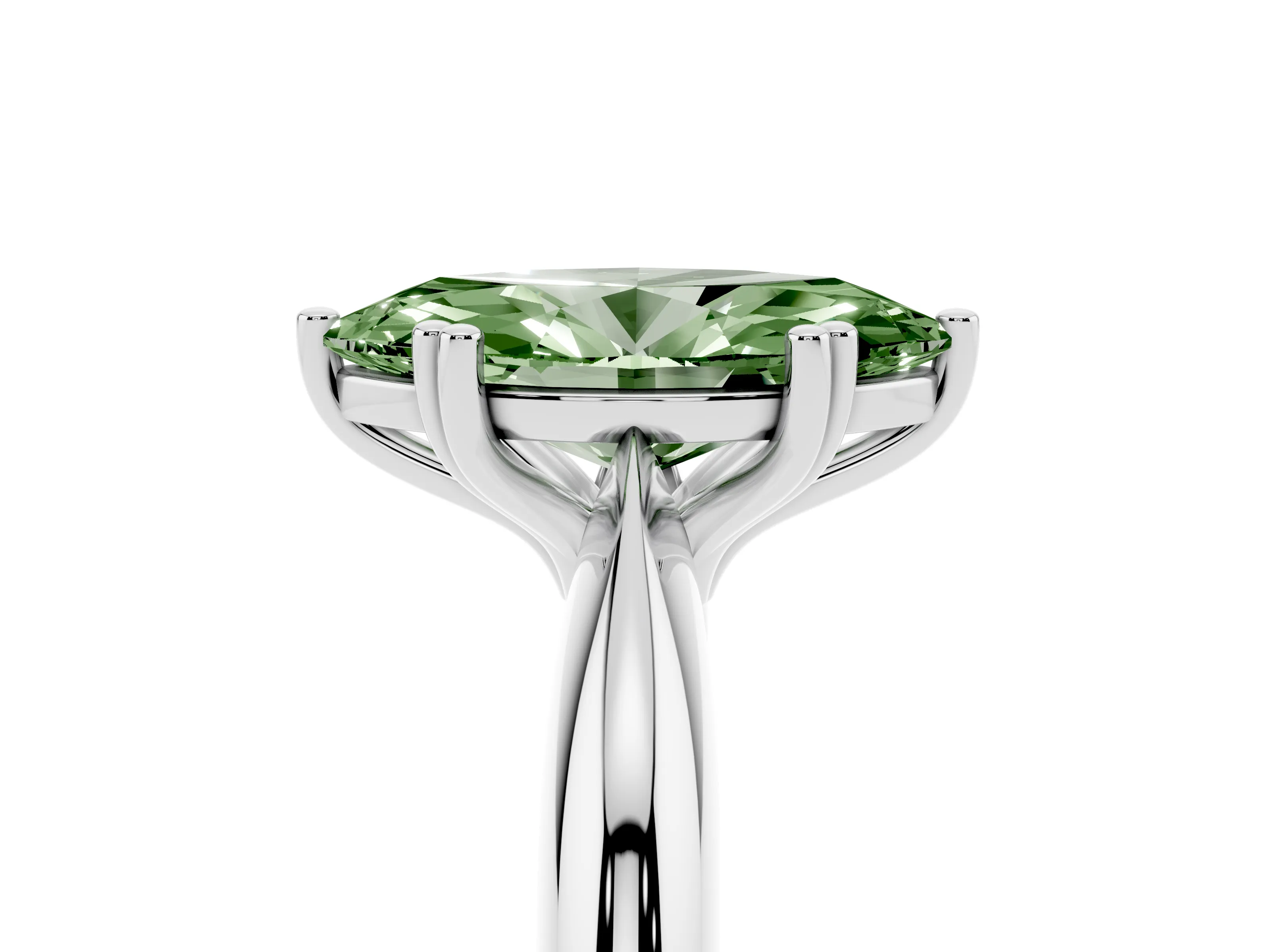 Fancy Green Marquise Cut Diamond Solitaire Engagement Ring Set in White gold with Tapered Band and Prong Setting