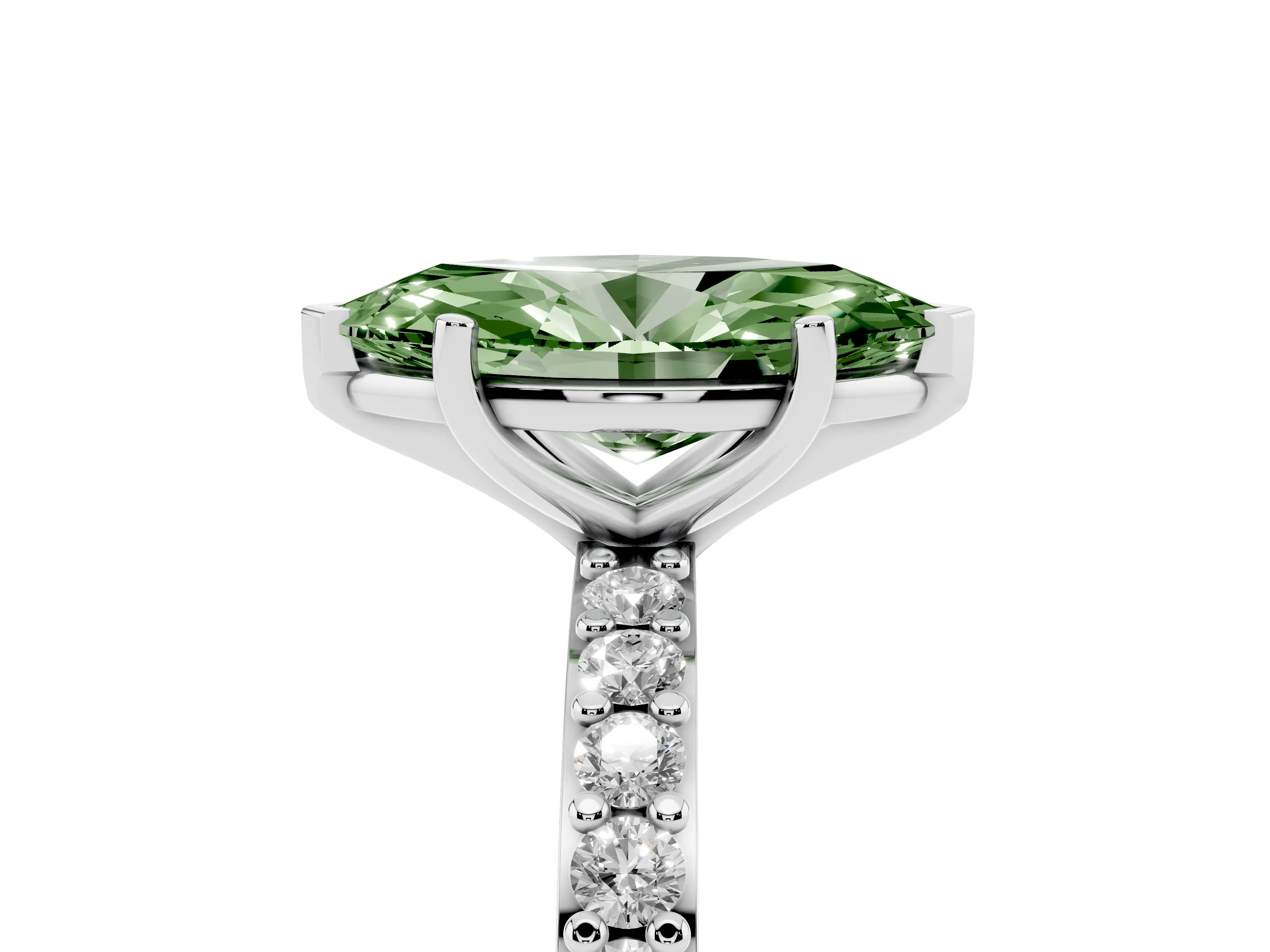 Fancy Green Marquise Cut Diamond Solitaire Set in White gold with Round Pavé Band and Prong Setting