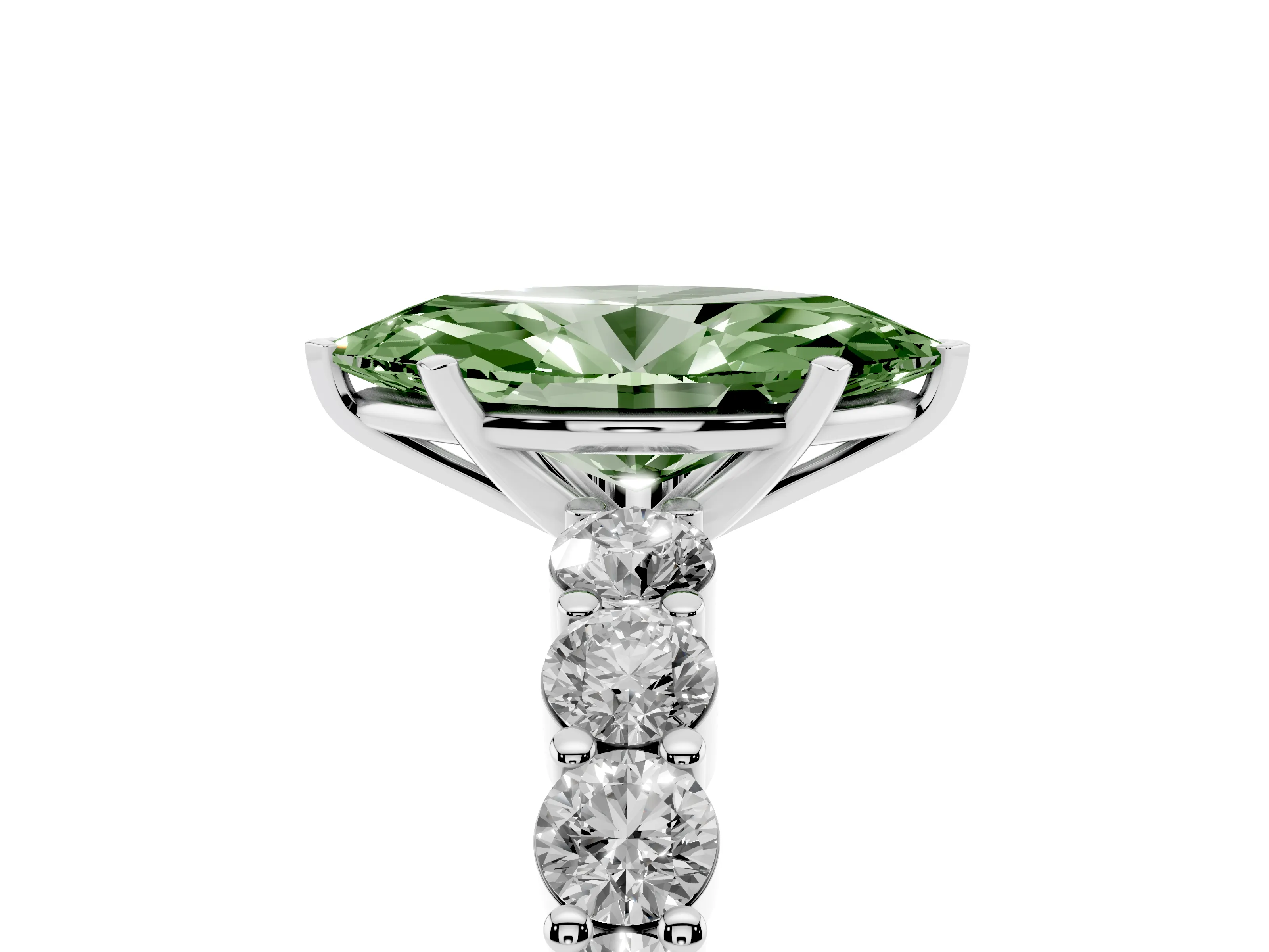 Fancy Green Marquise Cut Diamond Solitaire Ring Set in Silver with Shared Prong Round Side Stones