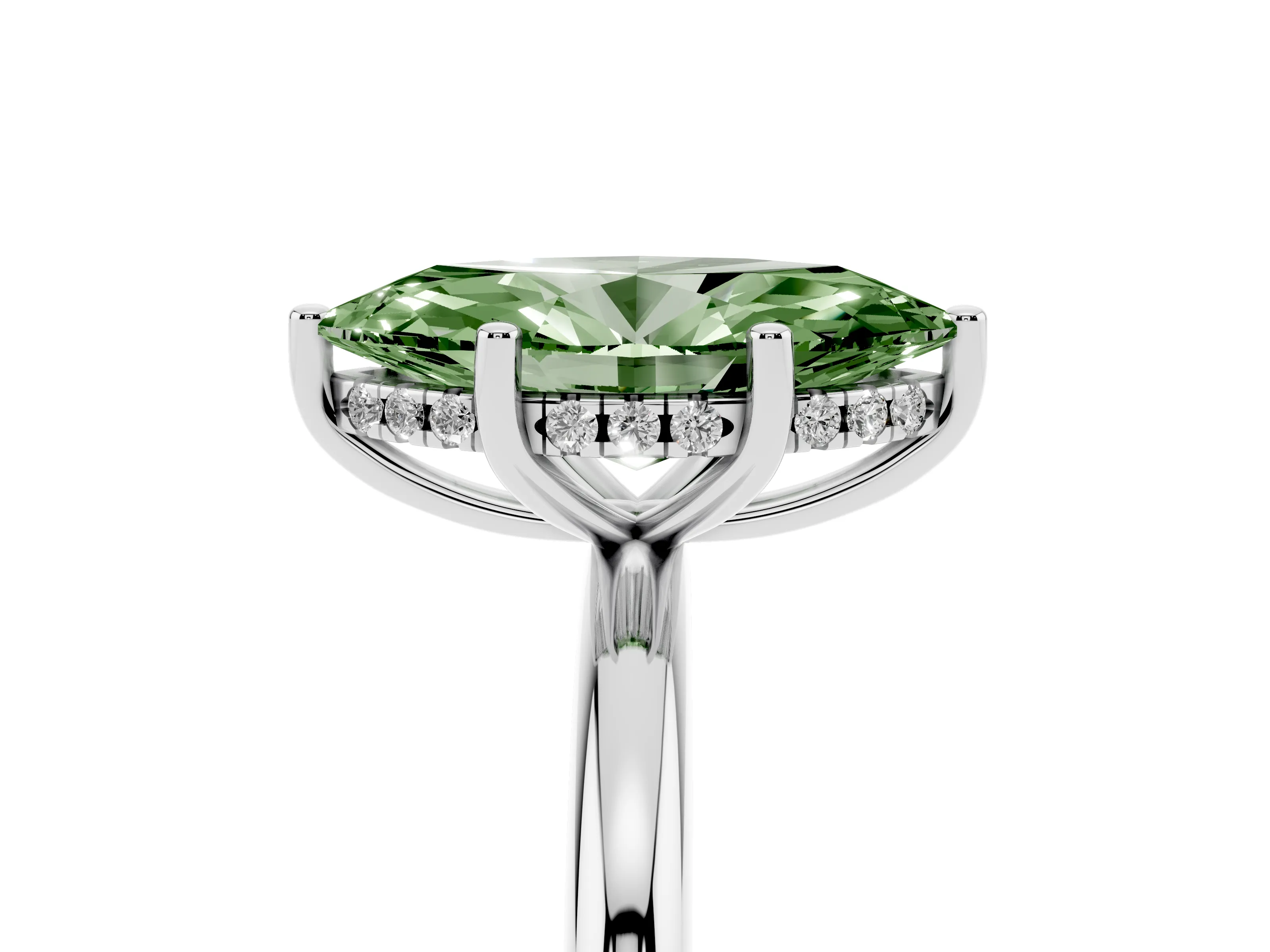 Fancy Green Marquise Cut Diamond Solitaire Engagement Ring Set in Silver with Prong Setting and Polished Band