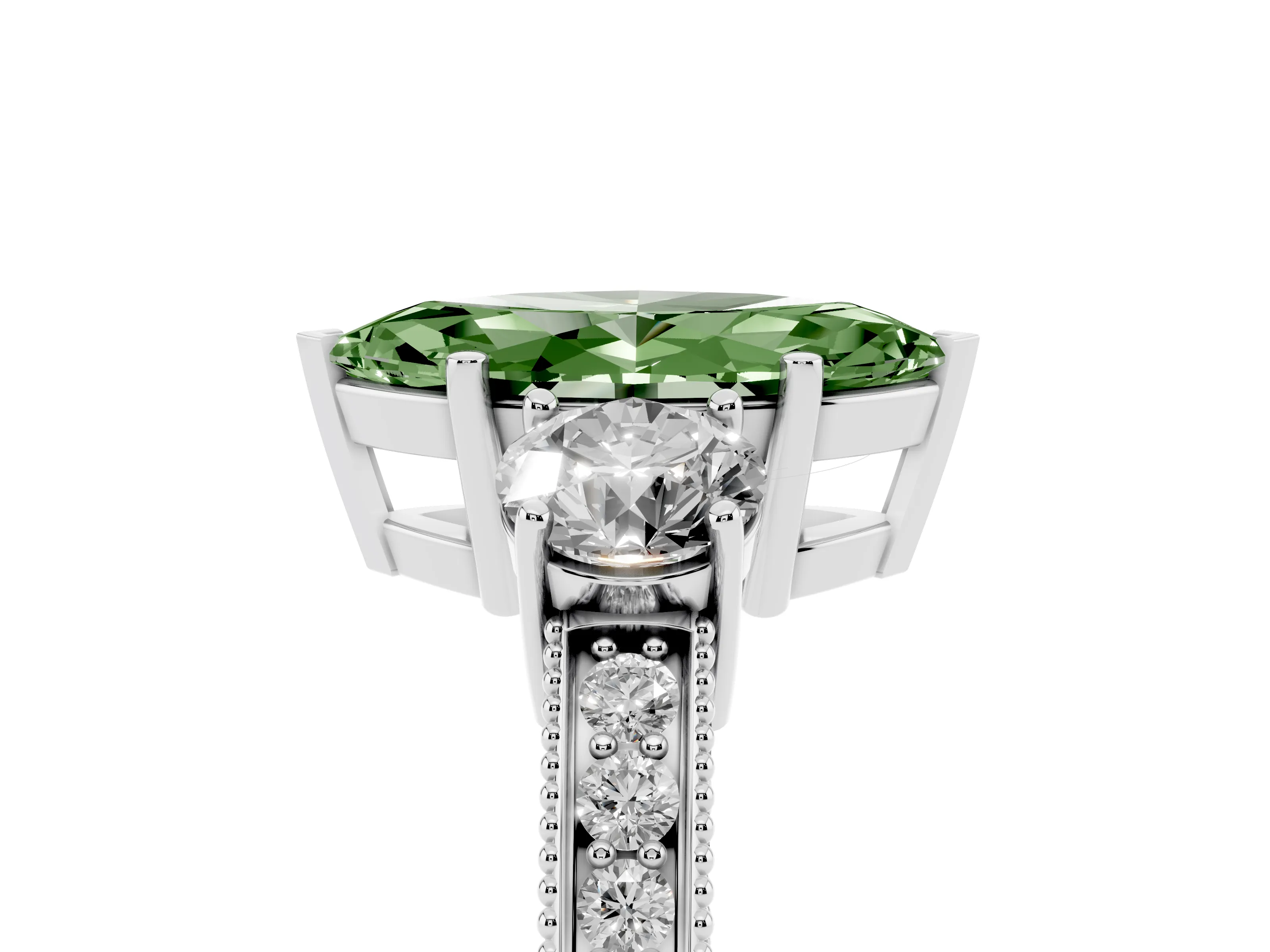 Fancy Green Marquise Cut Diamond Three-Stone Ring Set in Silver with Round Side Stones and Pavé Band