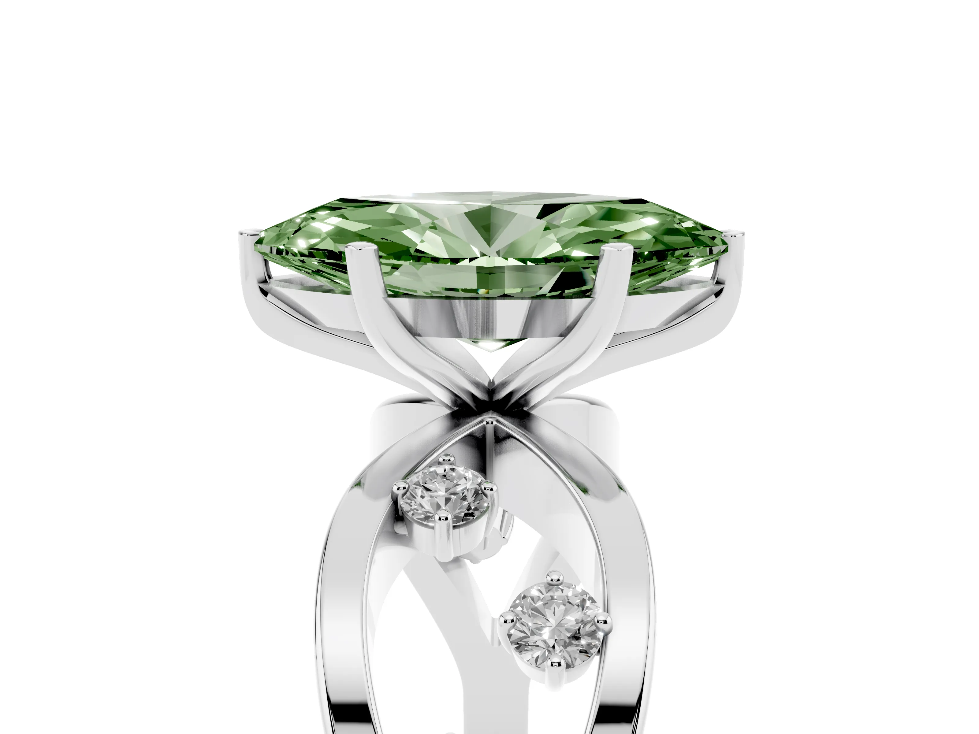 Fancy Green Marquise Cut Diamond Solitaire Ring Set in White gold with Side Stones on Criss-Cross Band and Prong Setting