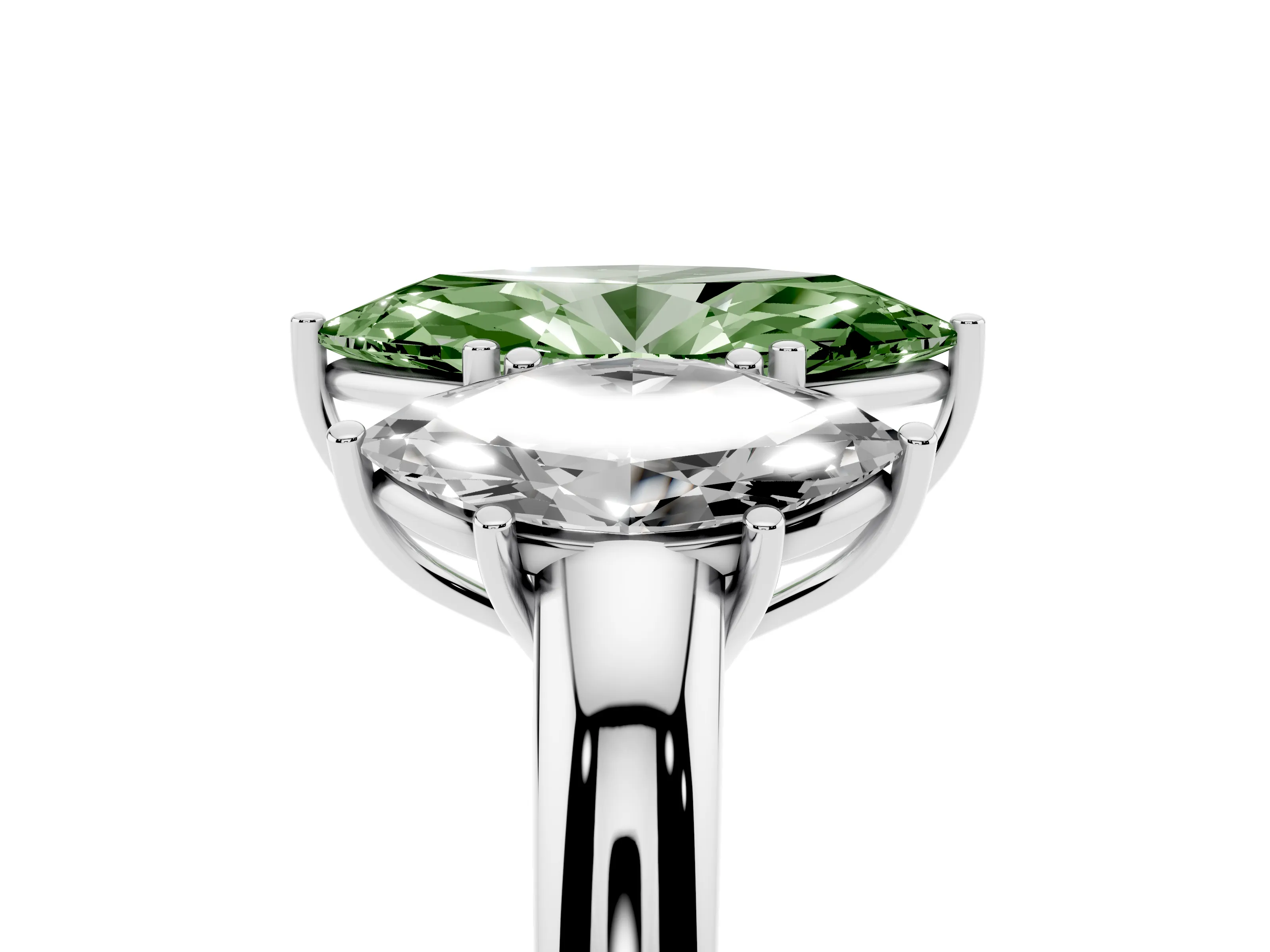 Fancy Green Marquise Cut Diamond Three-Stone Ring Set in Silver with Bold Center and Classic Band