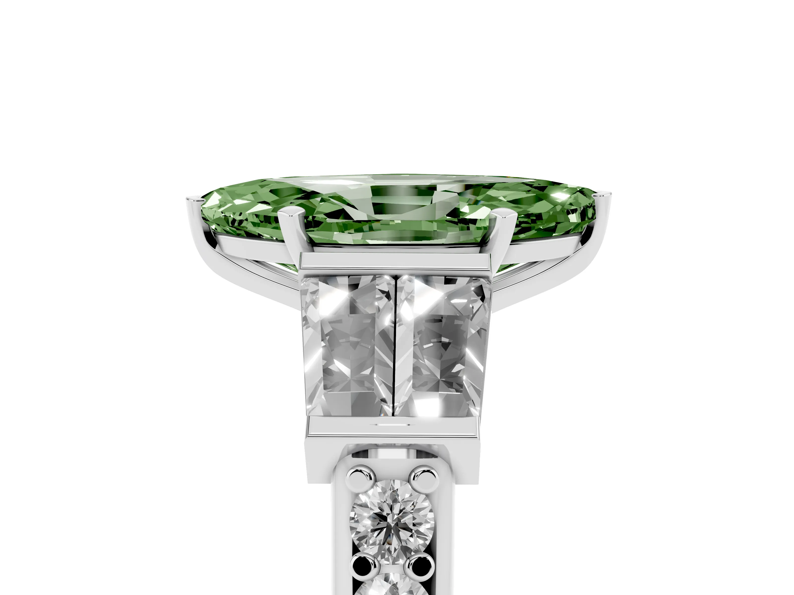 Fancy Green Marquise Cut Diamond Engagement Ring Set in White gold with Baguette Side Stones and Channel Set Band
