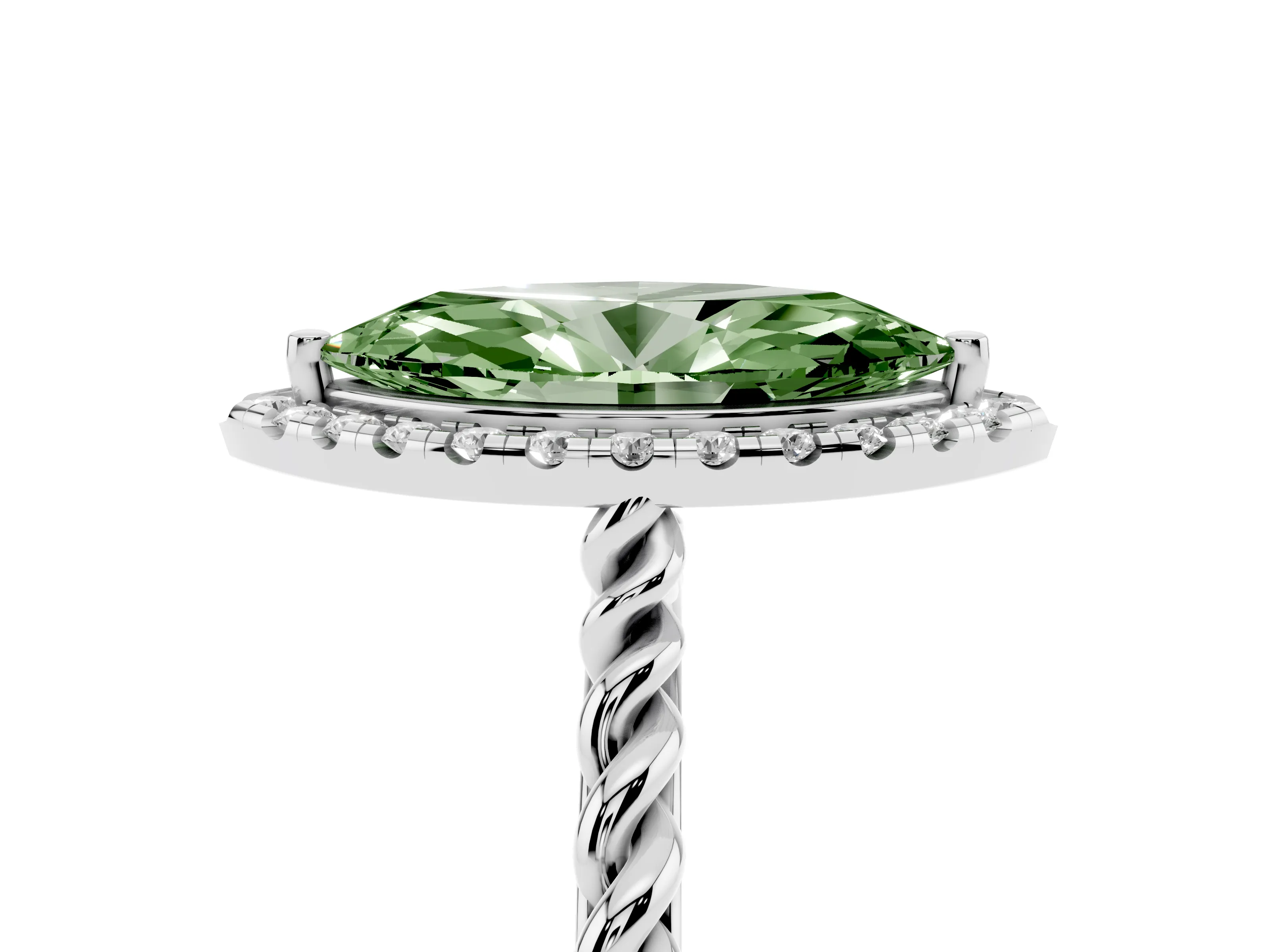 Fancy Green Marquise Cut Diamond Halo Ring Set in White gold with Plain Twisted Band