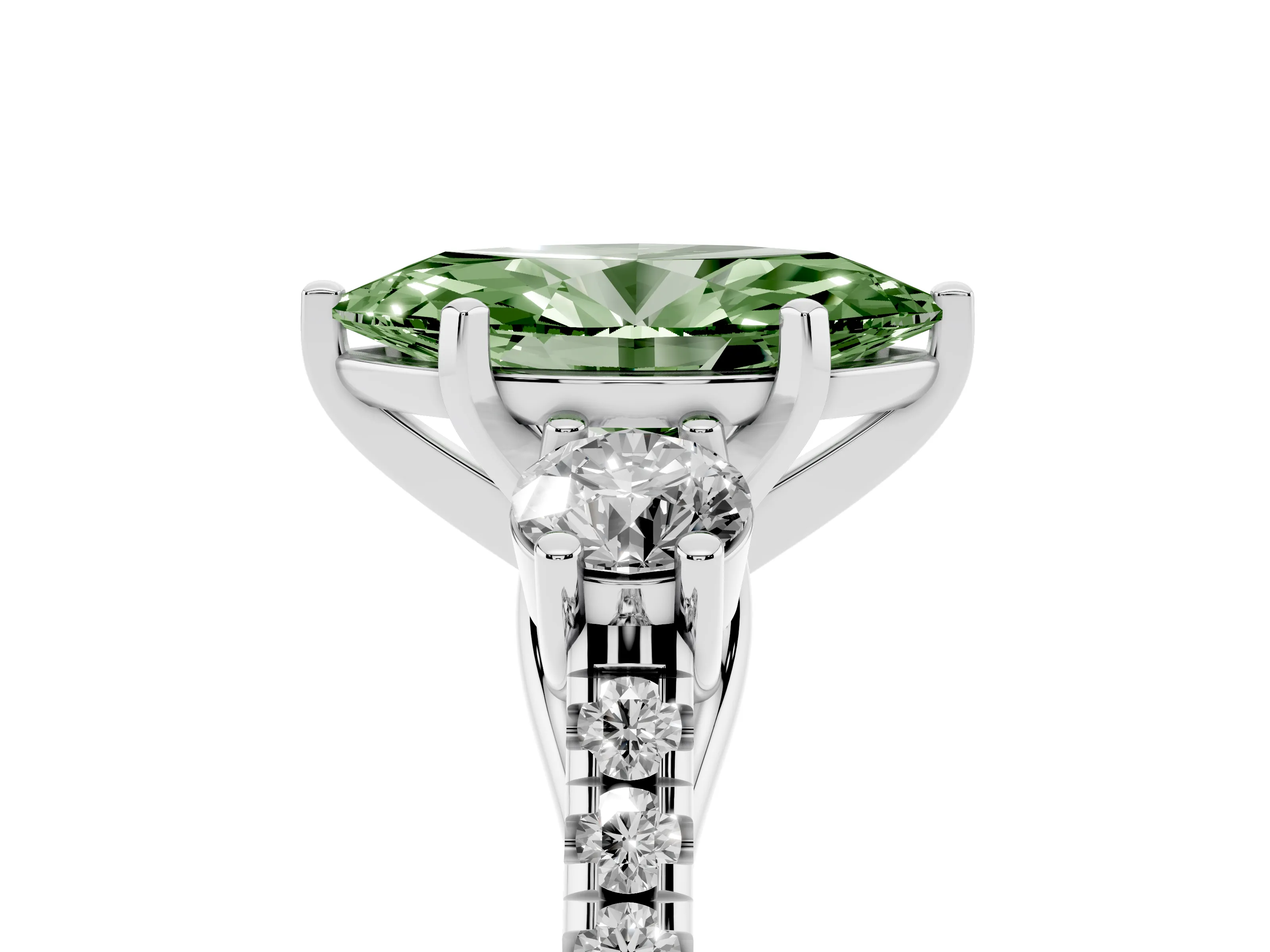 Fancy Green Three-Stone Marquise Cut Diamond Pavé Band Ring Set in Platinum with Prong-Set Trio