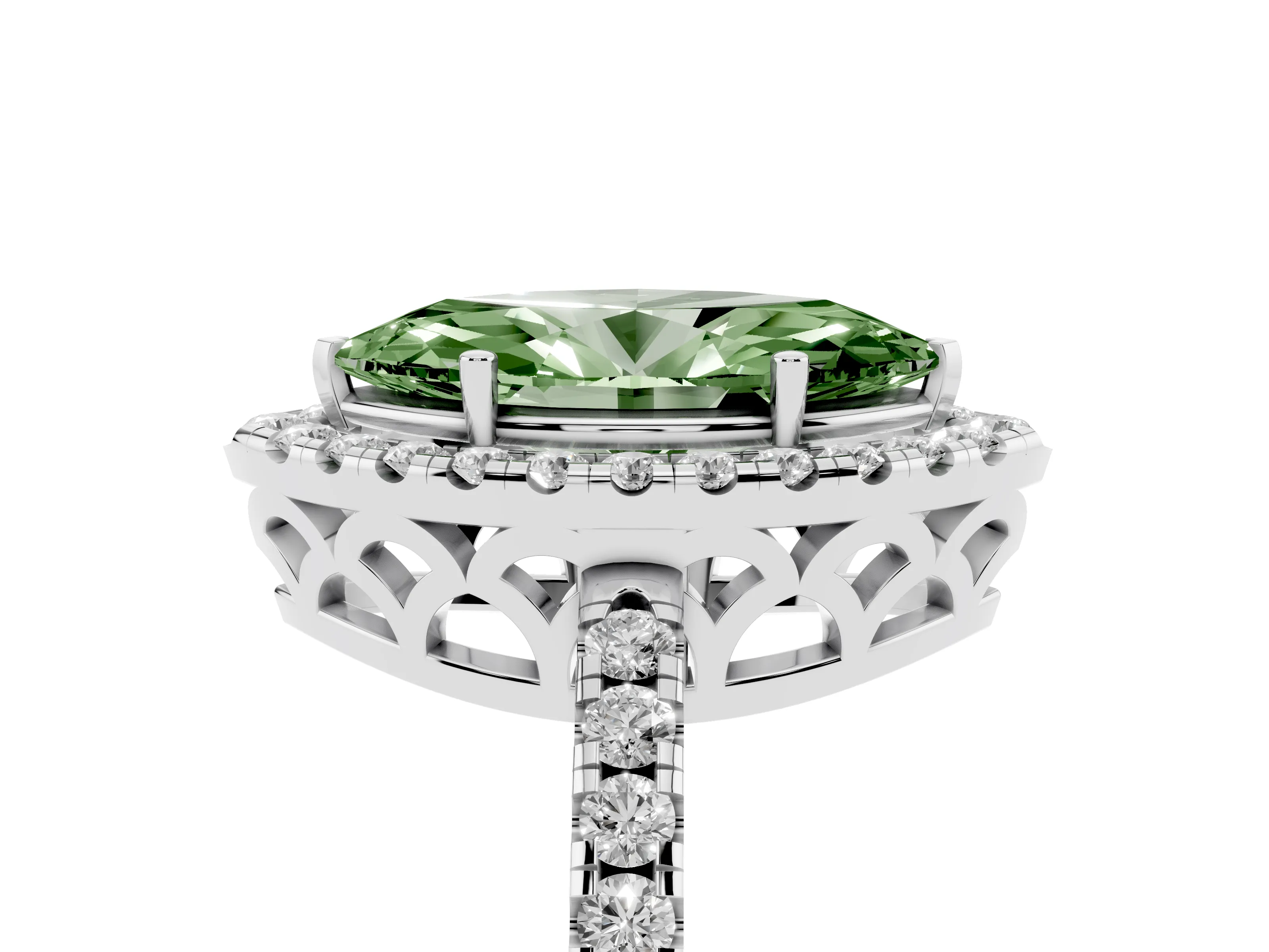 Fancy Green Marquise Cut Diamond Pavé Band Halo Engagement Ring Set in White gold with Prong Setting