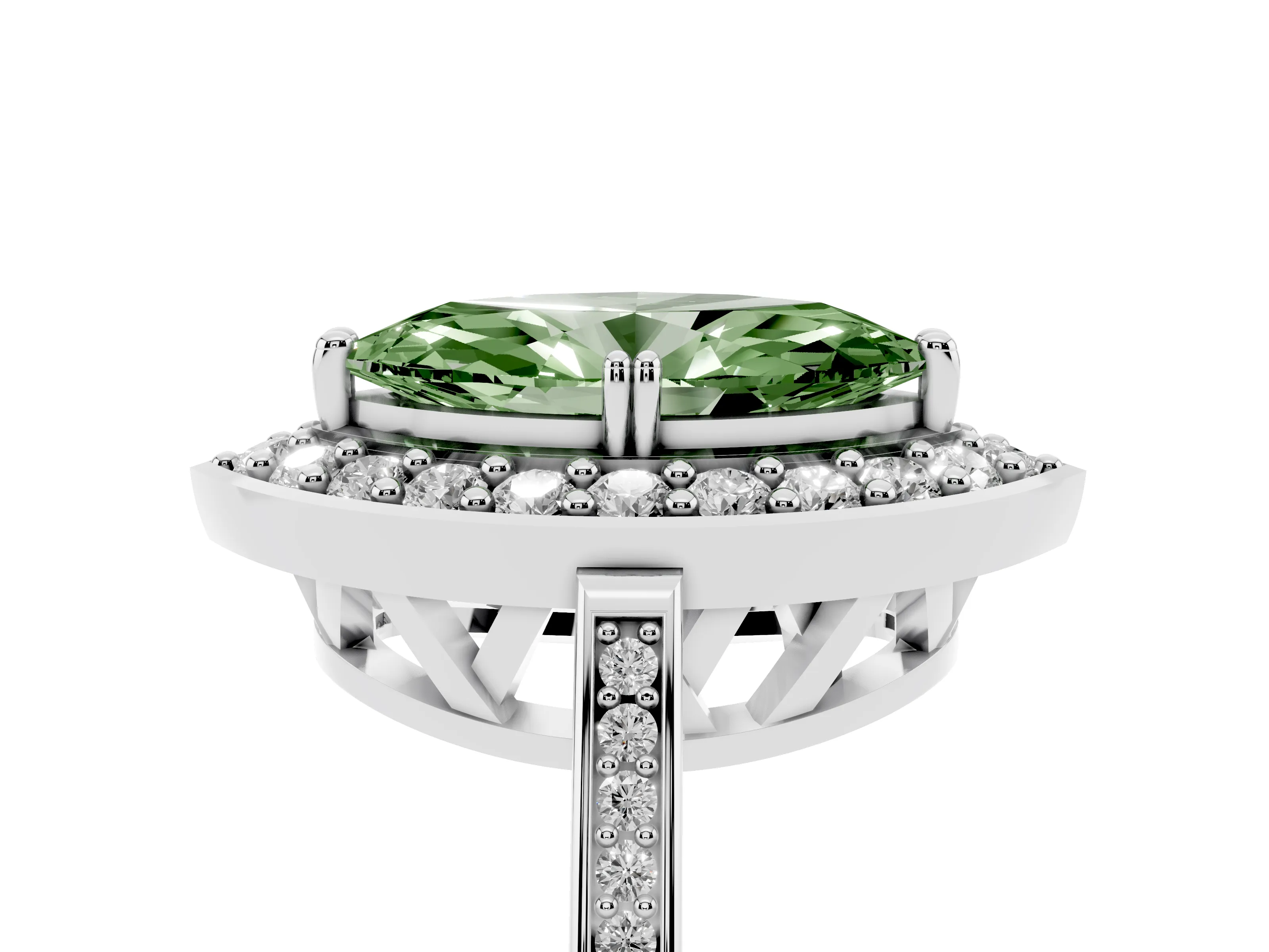 Fancy Green Marquise Cut Diamond Halo Ring Set in White gold with Accent-Lined Split Shank and Prong Setting