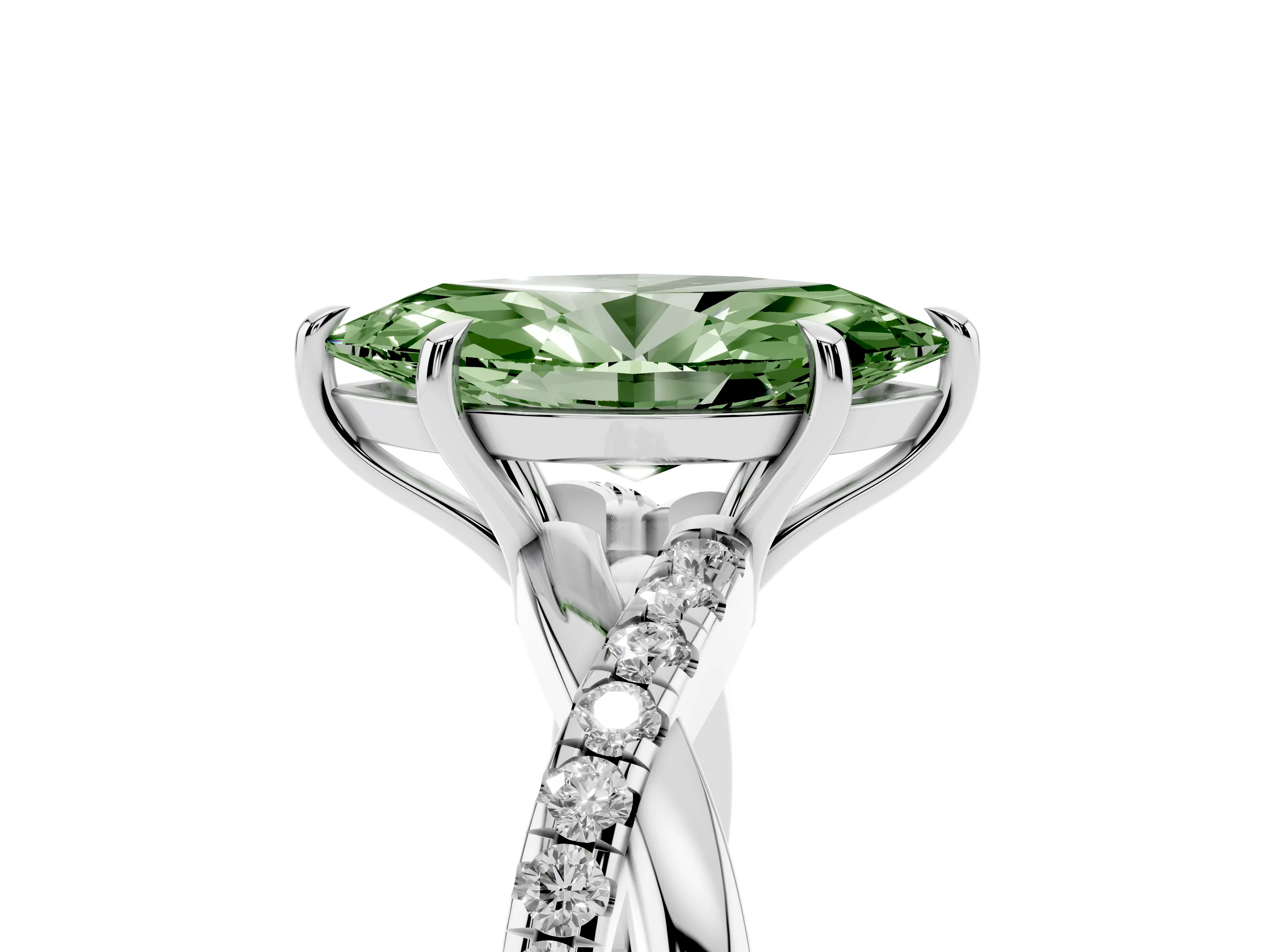Fancy Green Marquise Cut Diamond Twisted Pavé Band Ring Set in Silver with Prong Setting