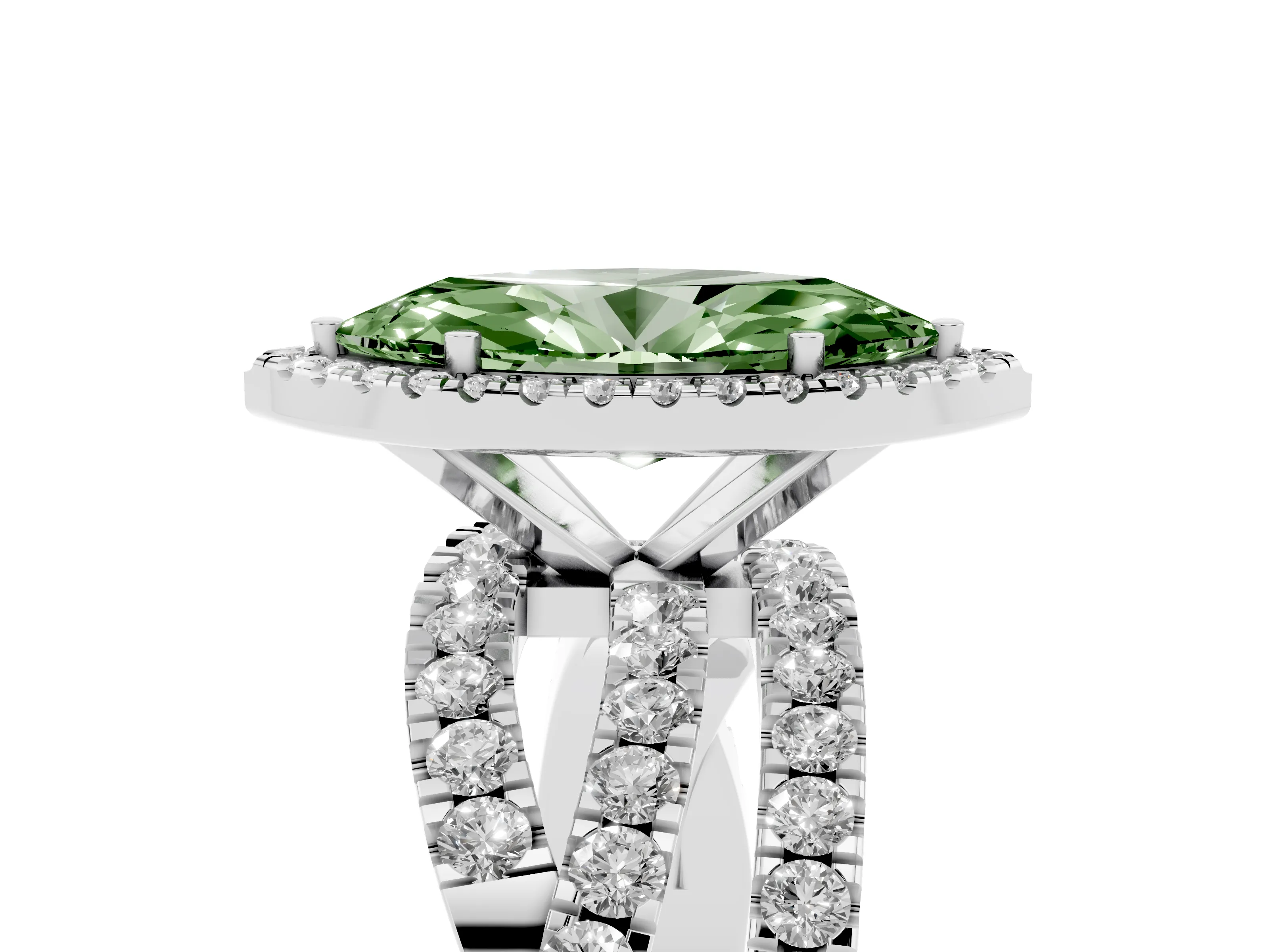 Fancy Green Marquise Cut Diamond Halo Ring Set in Platinum with Round Crossover Split Shank and Prong Setting