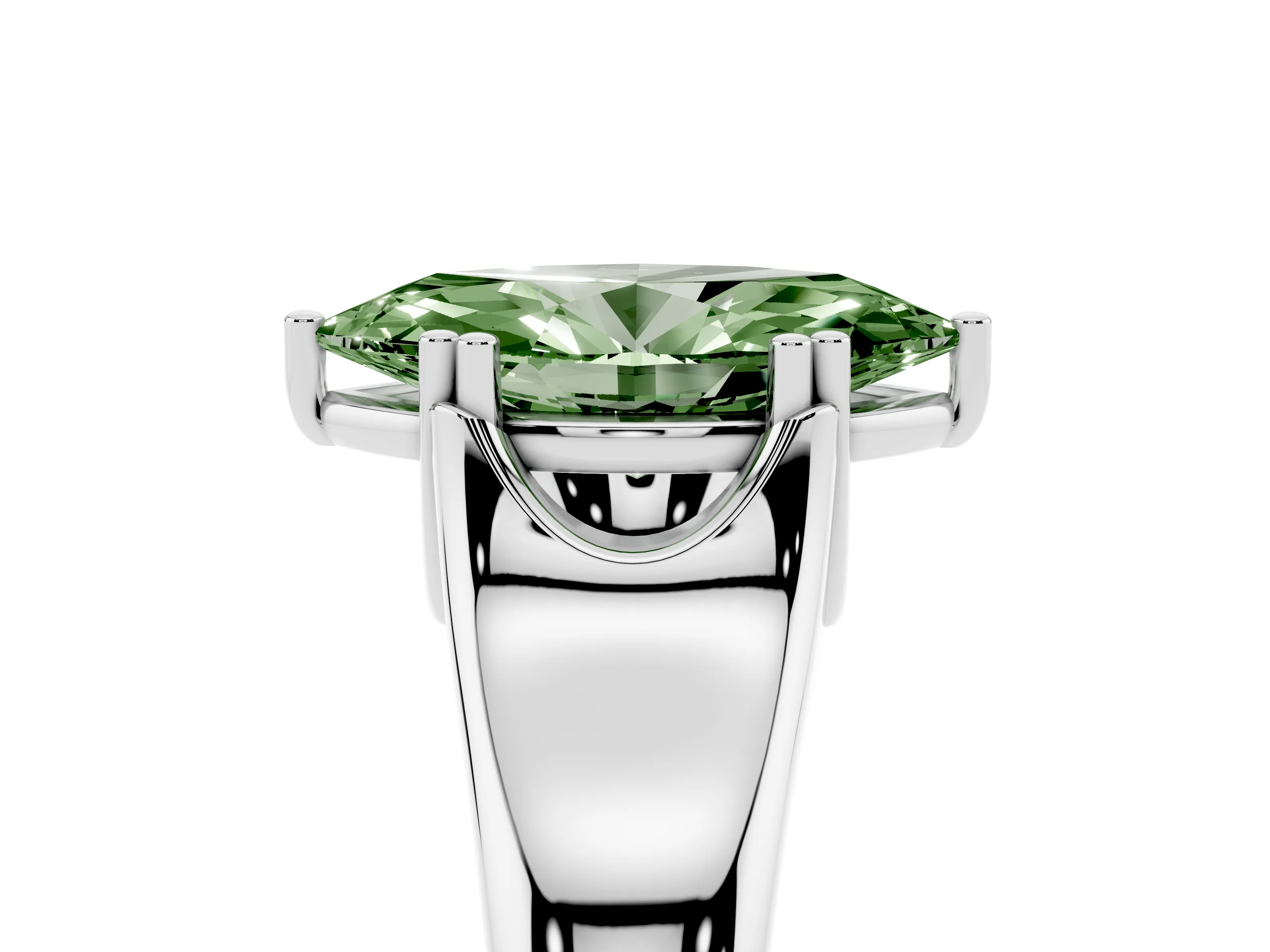 Fancy Green Marquise Cut Diamond Solitaire Ring Set in White gold with Wide Band and Prong Setting