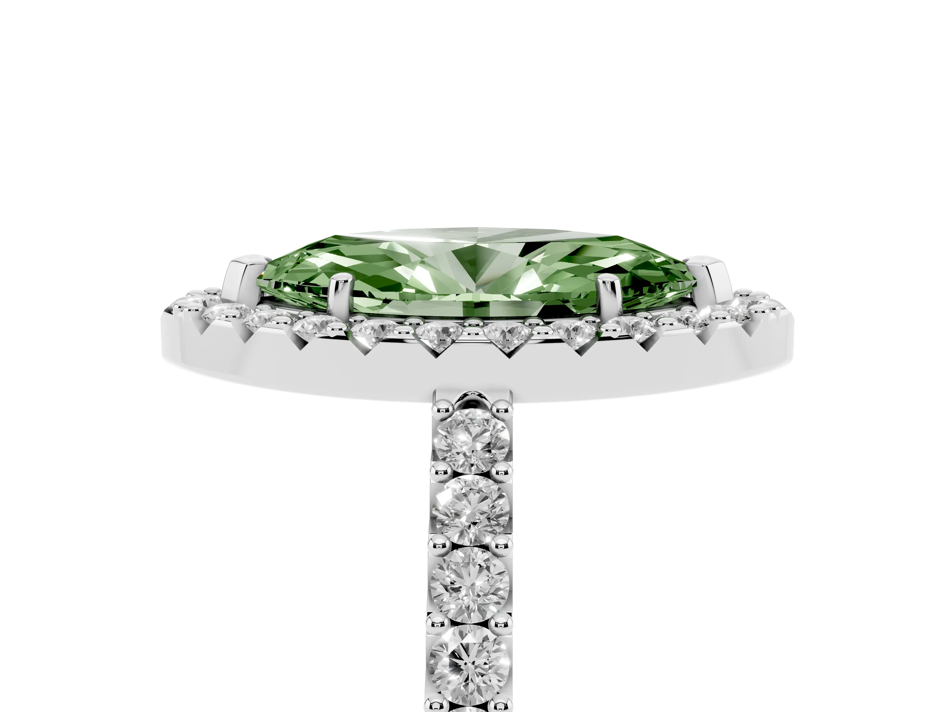Fancy Green Marquise Cut Diamond Halo Pavé Solitaire Ring Set in White gold with Prong-Set Center Stone