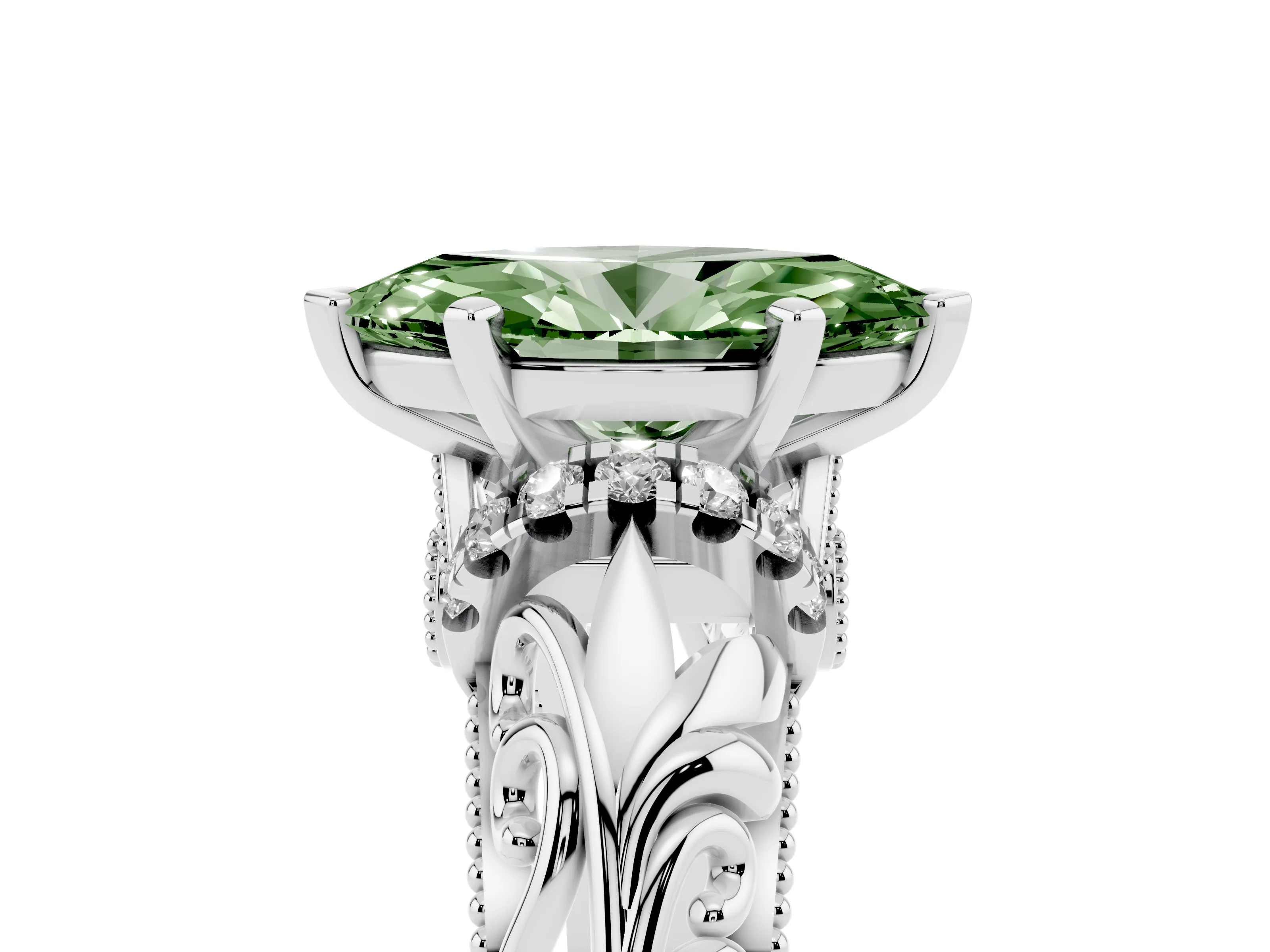Fancy Green Marquise Cut Diamond Filigree Halo Engagement Ring Set in White gold with Prong Setting
